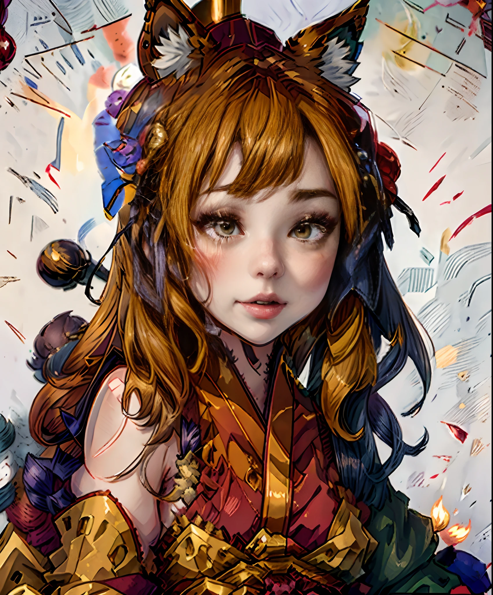 painting of a fox girl with a candy in its mouth and a flowered tail, kitsune three - tailed fox, ethereal fox, kitsune, three - tailed fox, fox nobushi, very very beautiful furry art, a beautiful fox lady, nine tails, whimsical fox, colorful kitsune city, kitsune holding torch, japanese art style, fox tail,add details to the eyes,prioritize the quality of eyes,eye improvement,very detailed eyes,((masterpiece)),((best quality)),((ultra-detailed)),(8k),((wallpaper)),((extremely detailed cg)),(RAW photo:1.2),beautiful,