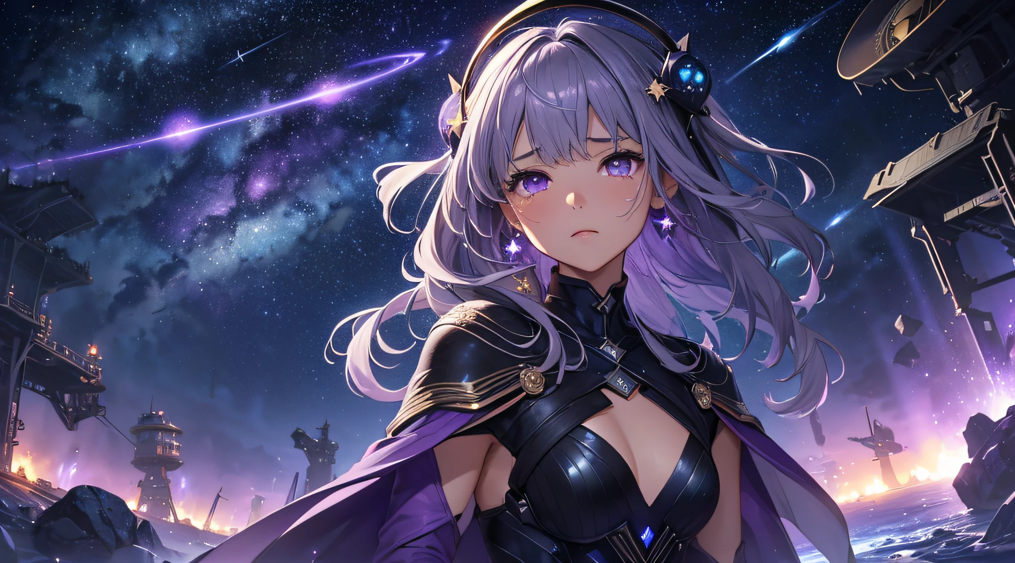 masterpiece、Background with((Fantastic starry sky、meteors、black hole))、Depth((Planets that glow purple))、a beauty girl、One-piece high-detail embroidery、Silver-haired long、heavy wind、is crying