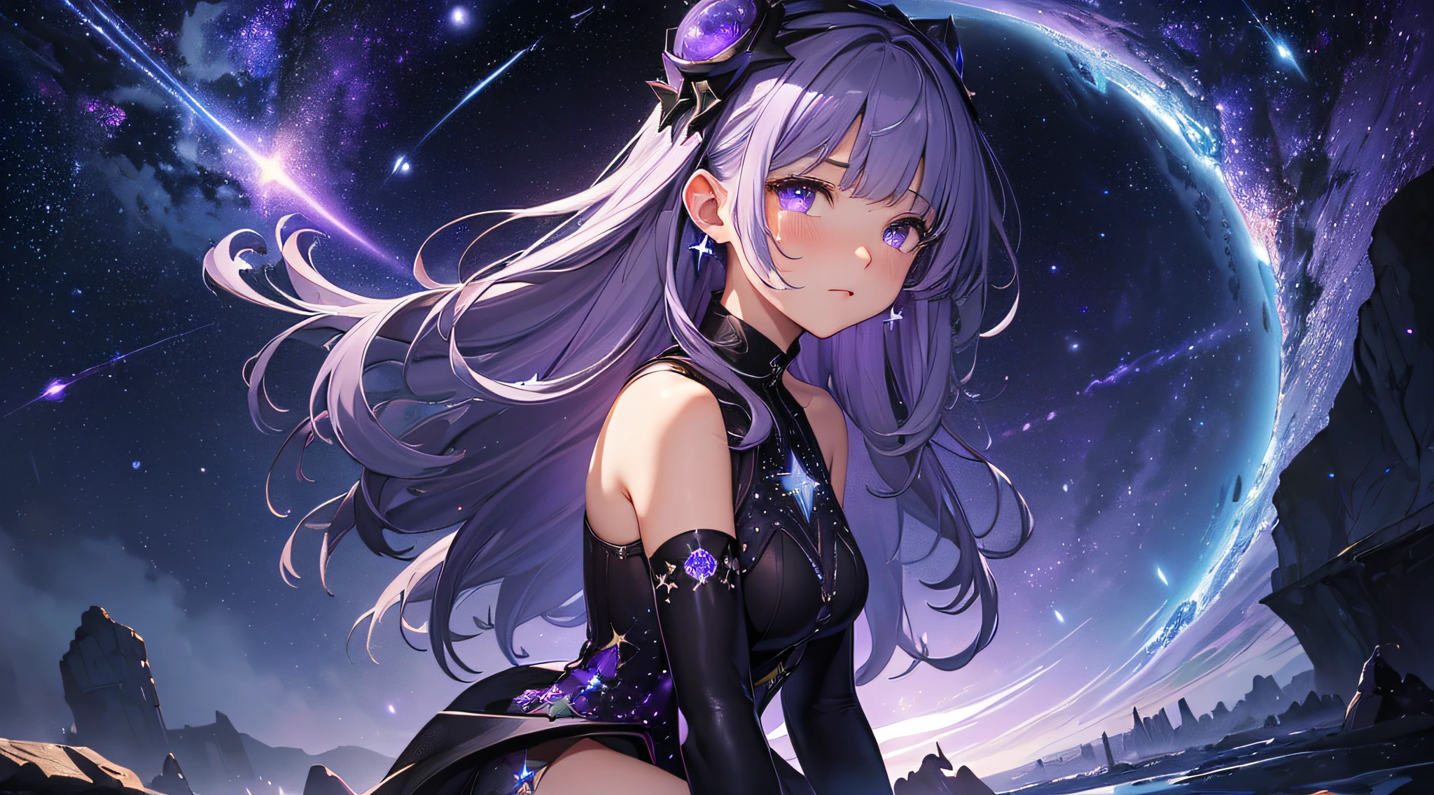 masterpiece、Background with((Fantastic starry sky、meteors、black hole))、Depth((Planets that glow purple))、a beauty girl、One-piece high-detail embroidery、Silver-haired long、heavy wind、is crying