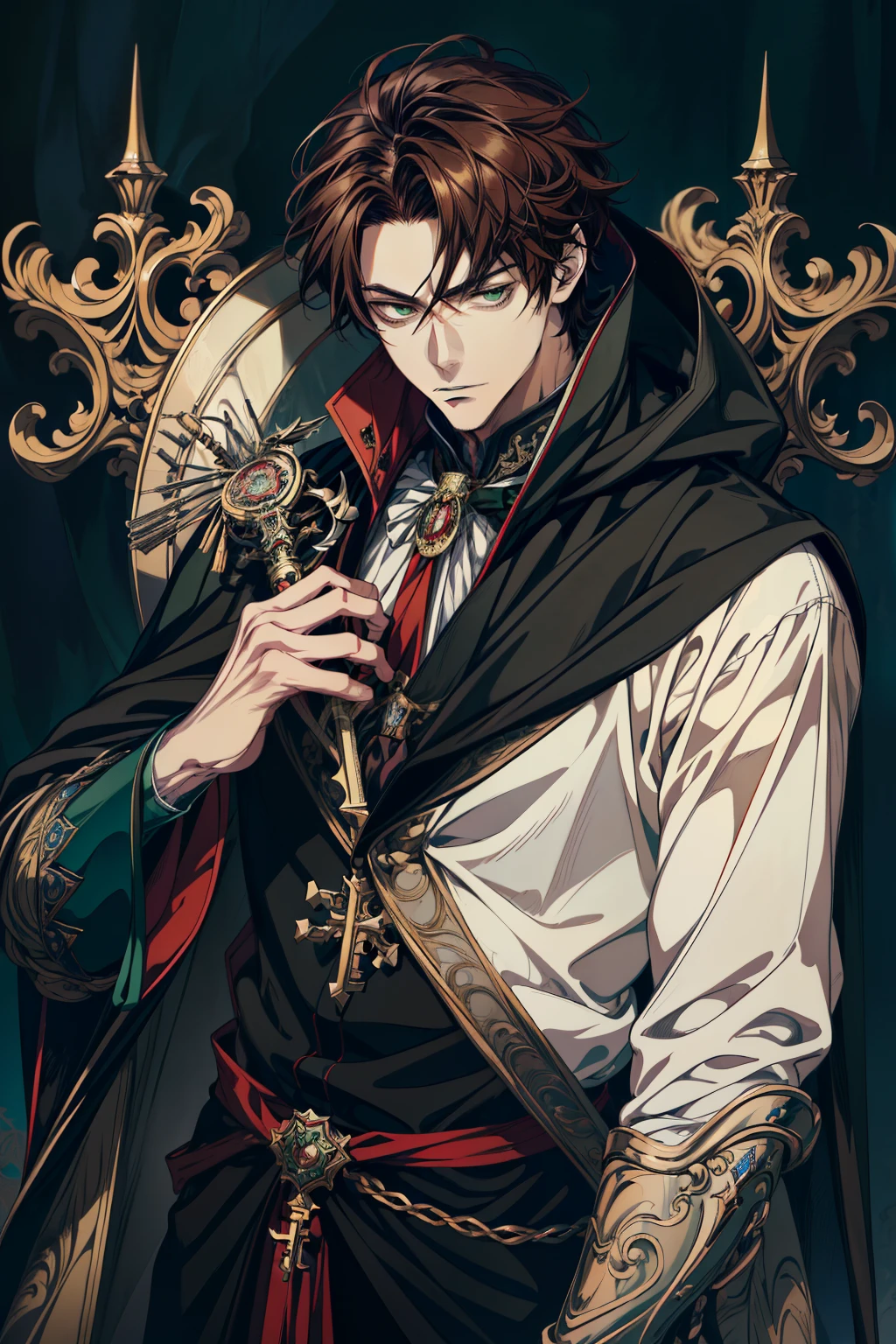 (absurd, high resolution, super detailed), masterpiece, (absurdres:1.1), best a close up of a person i anime drawing of a man Regal , 2 d anime style, male anime style, tall masculine male anime character, knight adult middle aged anime style character, delicate, in an anime style, he masterpiece, (absurdres:1.1), best quality, extremely delicate, (beautiful face:1.1), elegant, (great composition), realistic rendering, Dungeons and Dragons, Fantasy, octane rendering, zbrush. Character design, photorealistic, unreal mechanism, hyperdetailed, concept art, trend in art season. ((best quality)), ((masterpiece)), ((realistic)), (detail anime drawing of a man Regal , 2 d anime style, male tall bulky anime style, (Absurdres, Intricate Details, Masterpiece, Best Quality, High Resolution, 8k), 1 male, masculine, aged up, dreadful, finely detailed eyes and face, dark red short mustache hair, hazel eyes, looking down, solo, (full body:0.6), detailed background, detailed face, ( dark fantasy theme: fog, dark atmosphere, , Depth of Field, VFX. (absurdres, highres, ultra detailed vector shaded anime, full detailed beautiful masterpiece, (absurdres:1.1), best quality, extremely delicate, Victorian era badass anime drawing of a man Regal a close up dark cloak cape hood up Victorian era primary colors Black red white beautiful uniform androgynous prince, delicate androgynous prince, handsome guy in demon slayer art, anime key visual of elegant, handsome prince, tall anime guy with blue eyes, inspired by Okumura Masanobu, anime handsome man, male anime character, anime portrait of a handsome man, key anime art full body shot brown hair Green eyes solider cold look intimidating mature middle aged regal knight facial hair