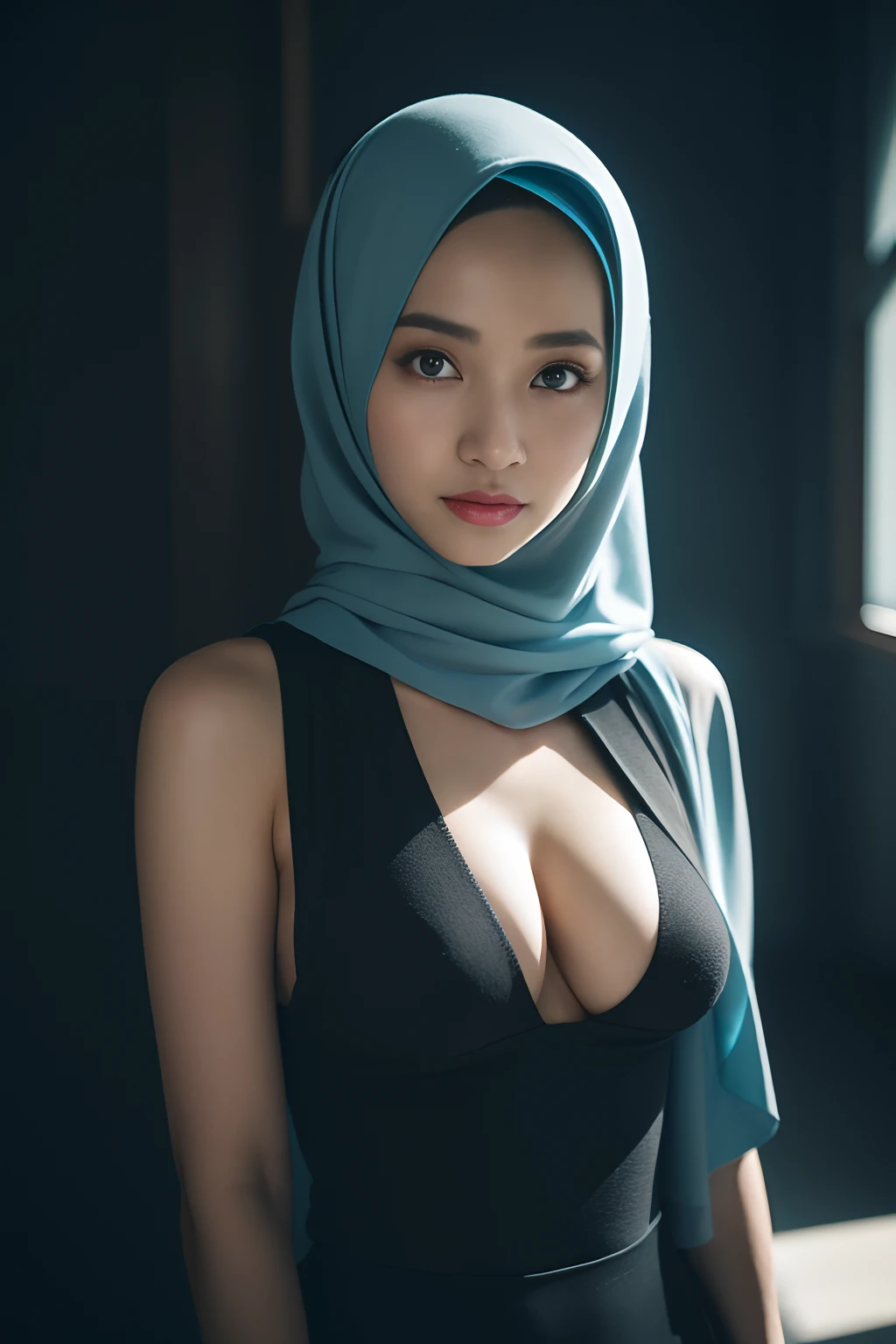 hijabi, cleavage, reflection light, chiaroscuro, depth of field, cinematic lighting, ray tracing, Sony FE GM, UHD, super detail, masterpiece, textured skin, high details, best quality, award winning,3D, A beautiful cyberpunk female image,hdr(HighDynamicRange),Ray traching,NVIDIA RTX,Hyper-Resolution,Unreal 5,Subsurface scattering、PBR Texture、post-proces、Anisotropy Filtering、depth of fields、maximum definition and sharpness、Many-Layer Textures、Albedo e mapas Speculares、Surface coloring、Accurate simulation octane rendering of light-material interactions、Two-colored light、largeaperture、Low ISO、White balance、the rule of thirds、8K raw data、blackstockings