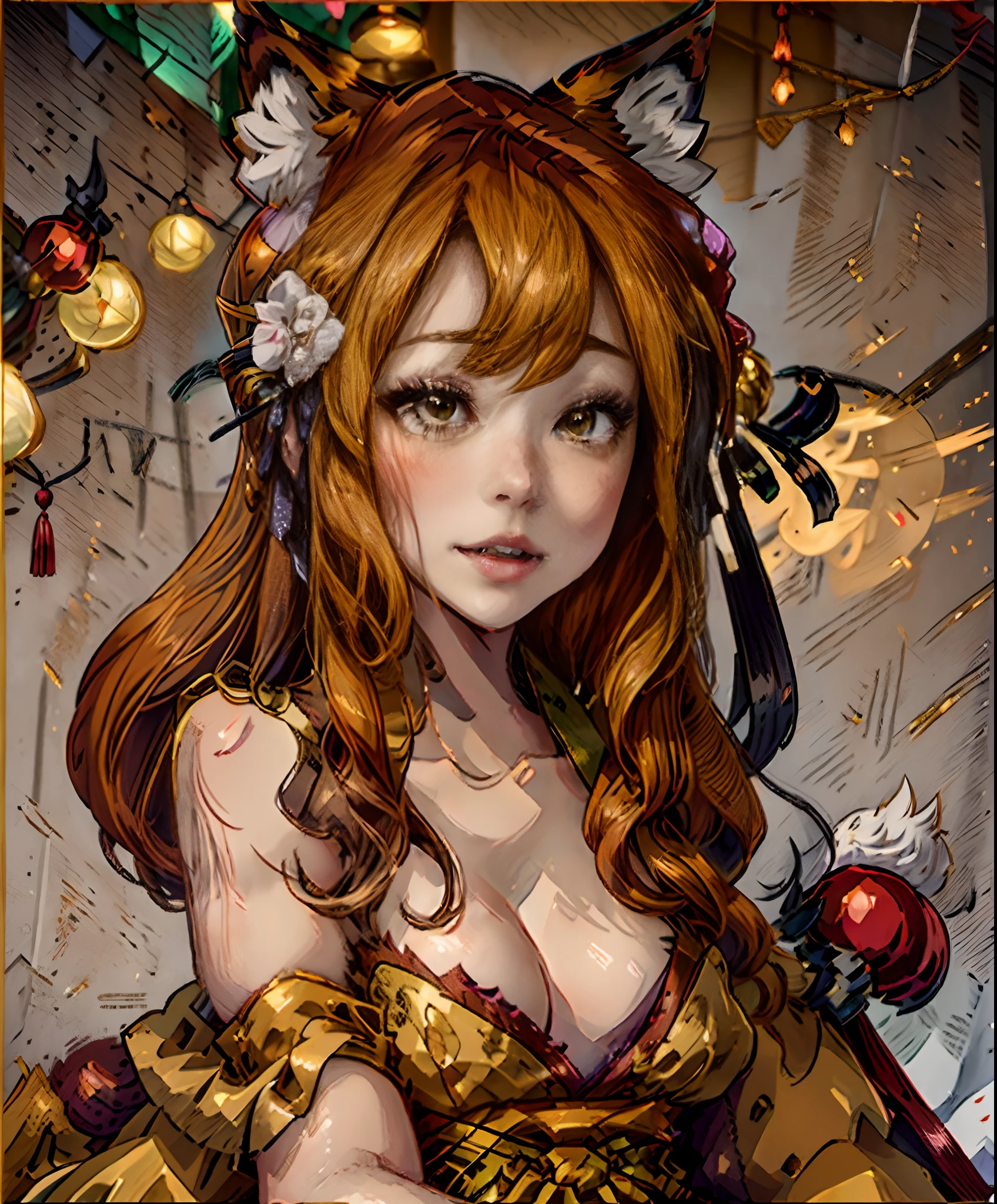 painting of a fox girl with a candy in its mouth and a flowered tail, kitsune three - tailed fox, ethereal fox, kitsune, three - tailed fox, fox nobushi, very very beautiful furry art, a beautiful fox lady, nine tails, whimsical fox, colorful kitsune city, kitsune holding torch, japanese art style, fox tail,add details to the eyes,prioritize the quality of eyes,eye improvement,very detailed eyes,((masterpiece)),((best quality)),((ultra-detailed)),(8k),((wallpaper)),((extremely detailed cg)),(RAW photo:1.2),beautiful,