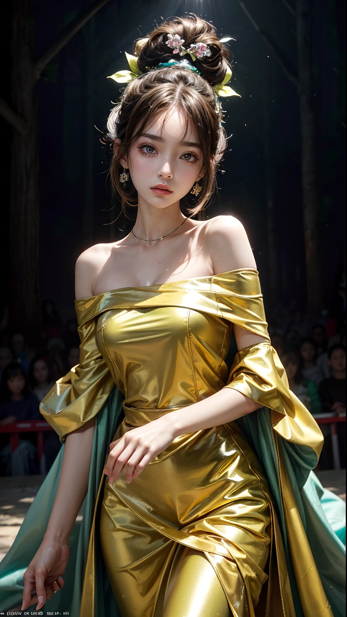 Masterpiece, Best quality, Super high resolution, Fluorescent color,, 1 girl, Looking at the audience, Beautiful face, Beautiful eyes, (Off-the-shoulder: 1.2), Head up, The upper part of the body, forest, Shiny hair, Shiny skin, Glow-emission cut, tchibi, Finger proportions are coordinated