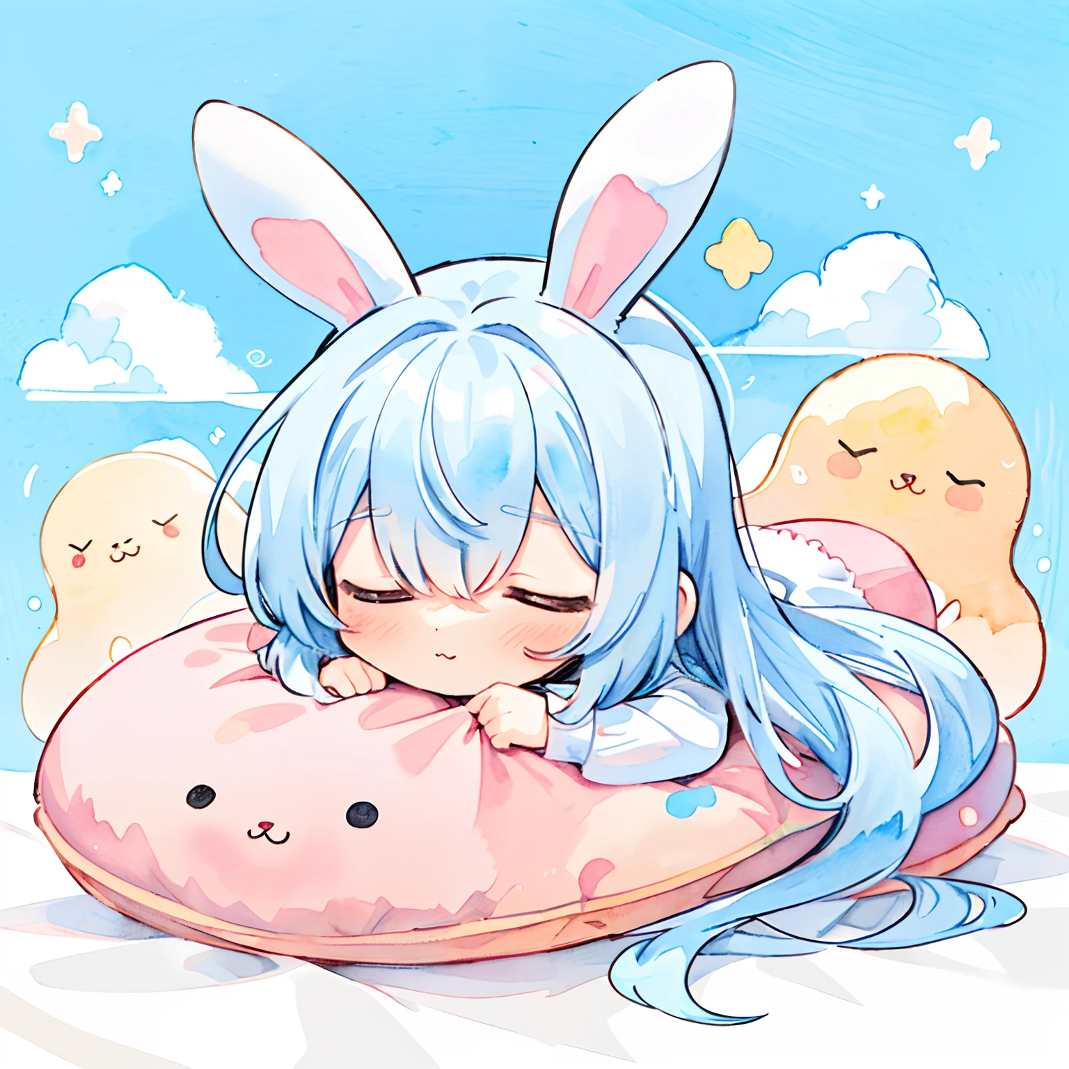 (PastelColors:1.5)、(Cute illustration:1.5)、(watercolor paiting:1.2)、(1 girl:1.0)、hair between eye、 Light blue hair, angelicales, a girl with long hair, Clouds with nice background, Mini Characters, Small light blue jellyfish floating, Sleeping on a futon, Sleeping face down, Colorful clouds, White rabbit ears, drooping rabbit ears、Haze、White Whole、Chibi Chara、full bodyesbian、Sorry sleep