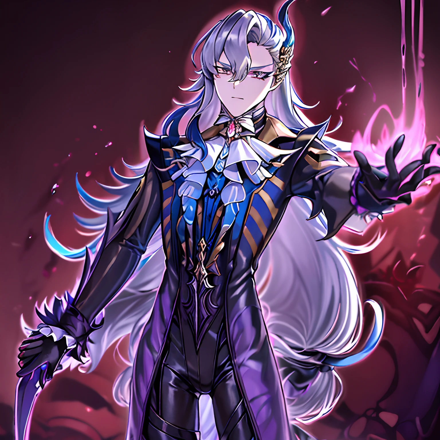 masterpiece, best quality, Neuvillette, ((1boy,Solo)),long hair,grey hair,multicolored hair,feather hair ornament, purple eyes, jewelry,ascot,long sleeves, shirt,gloves, black pants,beautiful combat Bodysuit (( Neuvillette Corrupted by Darkness)),(dark_persona_lora),