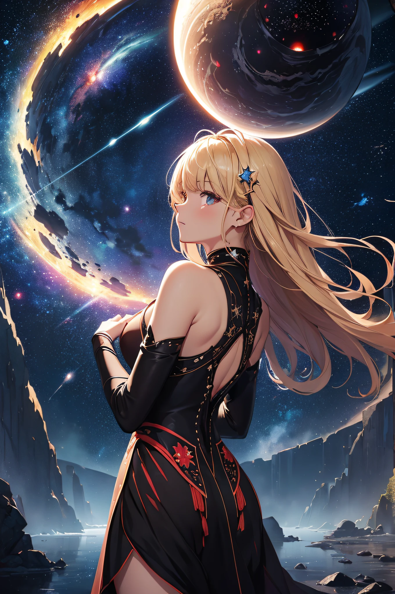 Rear view of a delicate girl with long blonde hair and light blue eyes,she is wearing a red camisole,(starry skies),she has her hair all tied up,(she is sitting on a big stone),(In the forest at a very dark night), She looks at me with a kind smile,extremely detailed,masterpiece
