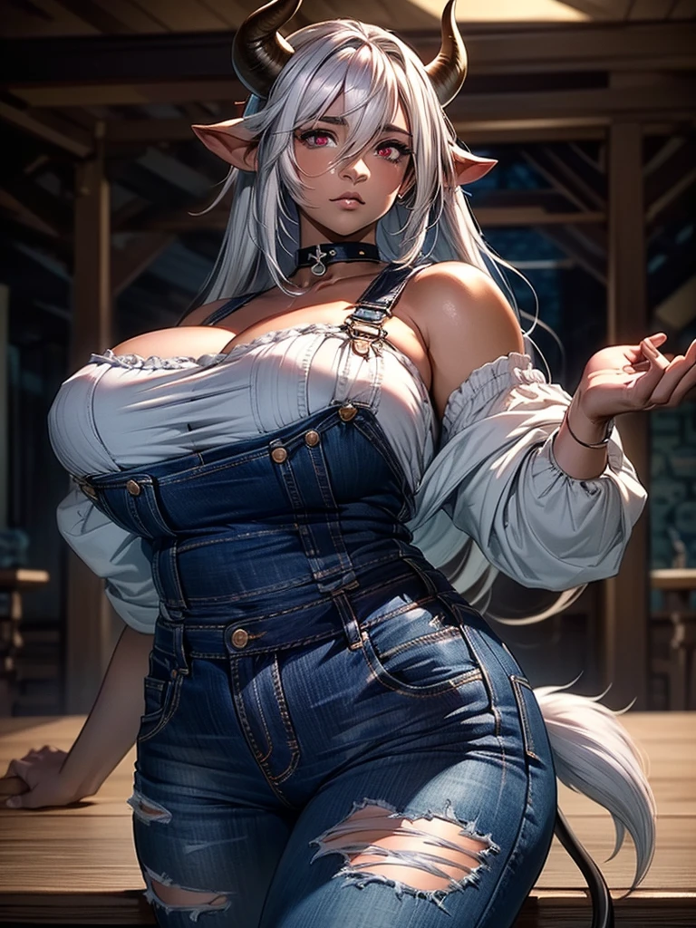 8k_wallpaper, extremely detailed eyes, extremely detailed body, (large masterpiece digital art), (detailed manga illustration), (detailed line art), ((perfect anatomy)), (intricate details:1.3), (ultra-detailed:1.3), (illustration:1.3), (sharp focus:1.3), (natural lighting:1.05), (vivid colors:1.3), (masterpiece), (best quality:1.4), (perfect anatomy:1.4), high quality, expressive eyes, full body, tall girl, detailed face, beautiful face, perfect face, detailed ((white hair)), (black hair), multicolored hair, (pink eyes), {{dark skin}}, ({dark skinned female}), cow girl, gigantic breasts, thick thighs, very long hair, bare shoulders, denim, (blue overalls), overalls, dynamic lighting, cow print, high resolution, 4k resolution, dynamic pose, silver jewelry, {fantasy farm background}, choker, (cow ears), {{cow tail}}, (tail), ((streaked hair)), wide hips, thigh-highs, horns, {cow horns}, animal ears, skin dentation, curvy, plump,
