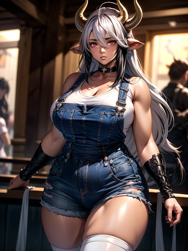 8k_wallpaper, extremely detailed eyes, extremely detailed body, (large masterpiece digital art), (detailed manga illustration), (detailed line art), ((perfect anatomy)), (intricate details:1.3), (ultra-detailed:1.3), (illustration:1.3), (sharp focus:1.3), (natural lighting:1.05), (vivid colors:1.3), (masterpiece), (best quality:1.4), (perfect anatomy:1.4), high quality, expressive eyes, full body, tall girl, detailed face, beautiful face, perfect face, detailed ((white hair)), (black hair), multicolored hair, (pink eyes), {{dark skin}}, ({dark skinned female}), cow girl, gigantic breasts, thick thighs, very long hair, bare shoulders, denim, (blue overalls), overalls, dynamic lighting, cow print, high resolution, 4k resolution, dynamic pose, silver jewelry, {fantasy farm background}, choker, (cow ears), {{cow tail}}, (tail), ((streaked hair)), wide hips, thigh-highs, horns, {cow horns}, animal ears, skin dentation, curvy, plump,