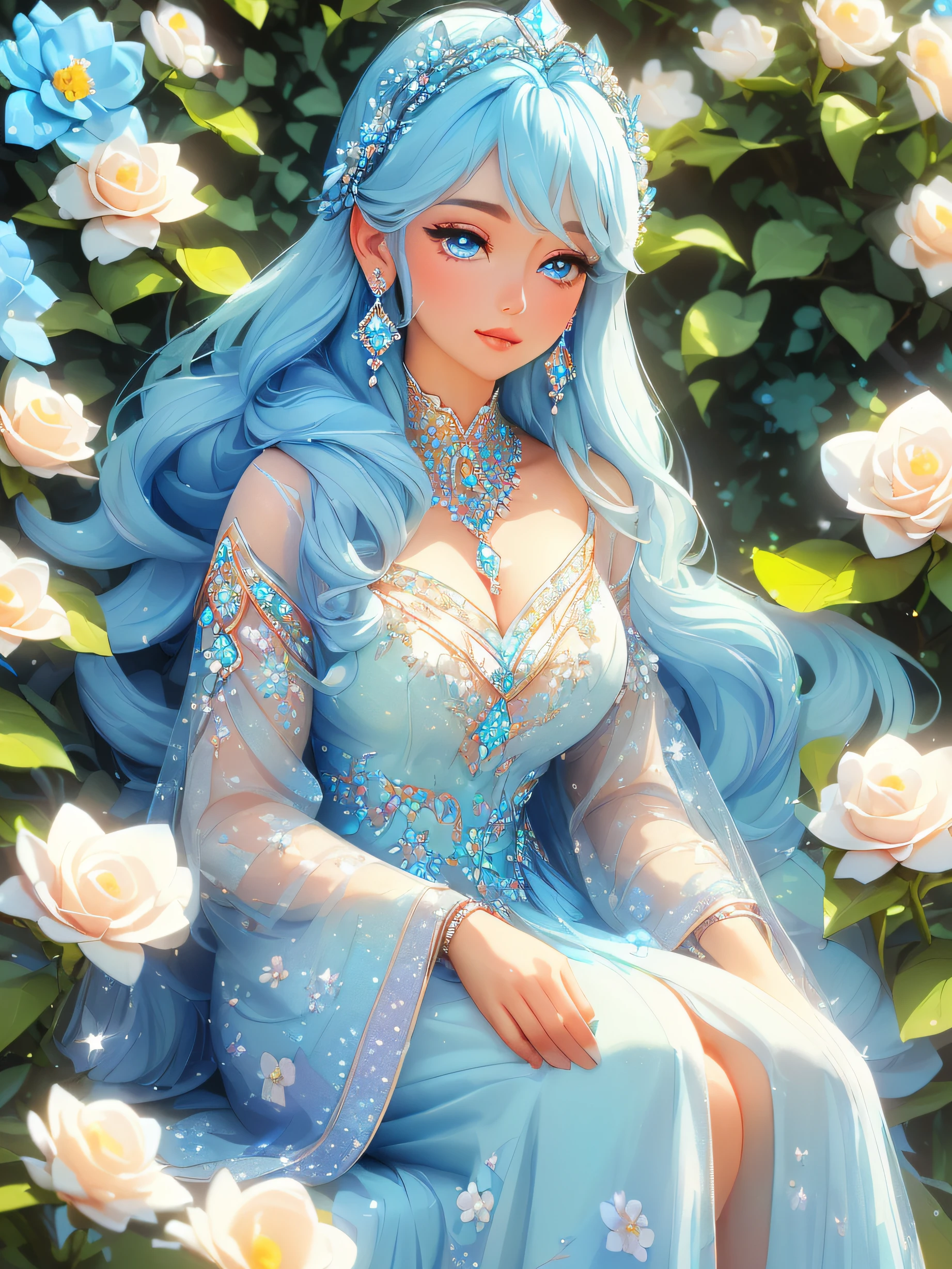 ((a close body portrait of an attractive beautiful goddess sitting beside many blue rose flowers)), ((dressed in a long linen blue dress with decorations of crystal light blue pieces of jewelry and white flower pin to her hair.)) she has blue crystal eyes and long light blue hair sliding straight down her back)), (capture the scene and the ethereal grace of her surroundings, blue rose flowers, wearing diamond crystal earrings, and the blue stars up the far sky), best lighting effects, high quality, best quality, sharp focus, hyperdetailed, 8K, vibrant colors