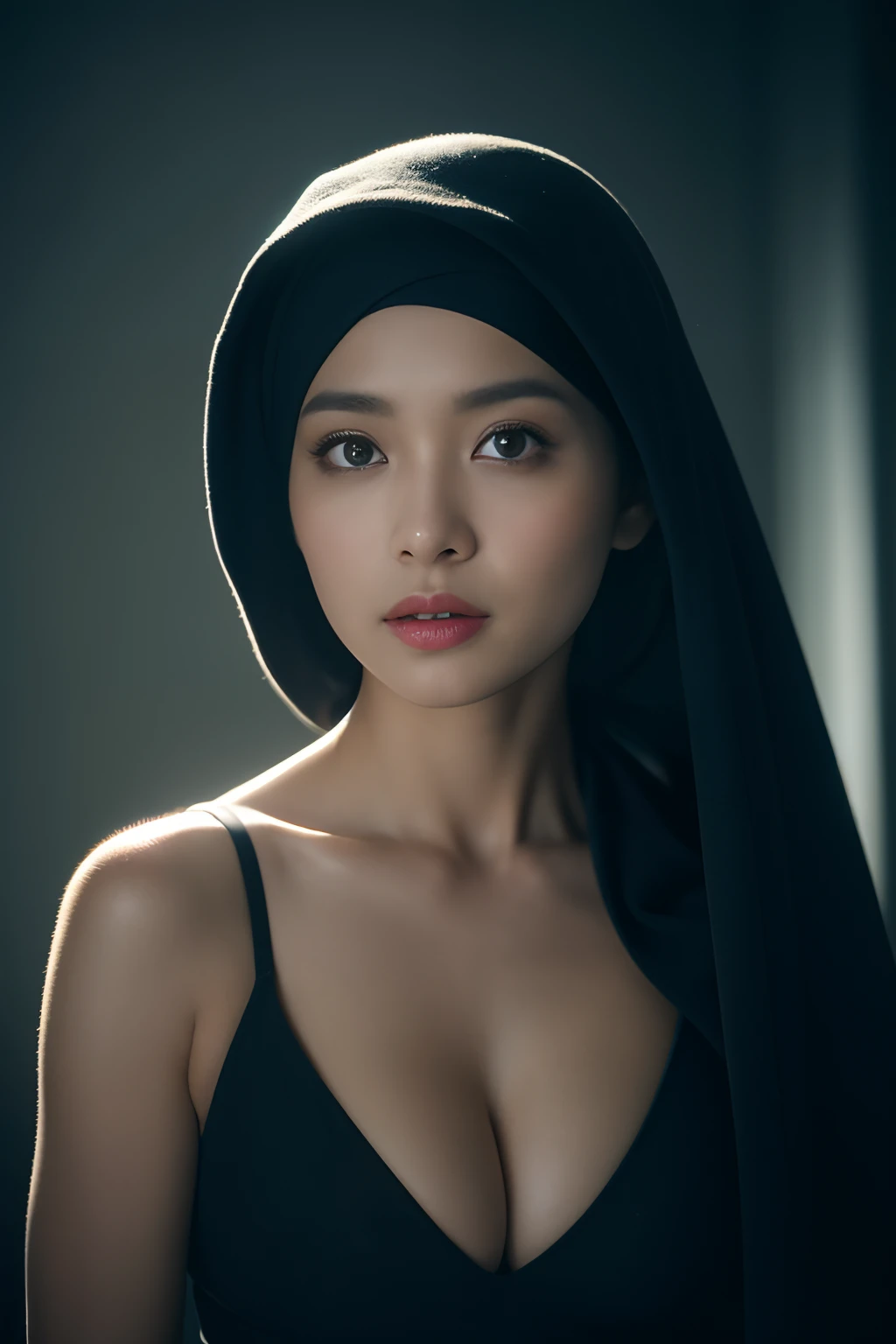 hijabi, cleavage, reflection light, chiaroscuro, depth of field, cinematic lighting, ray tracing, Sony FE GM, UHD, super detail, masterpiece, textured skin, high details, best quality, award winning，3D, A beautiful cyberpunk female image,hdr（HighDynamicRange）,Ray traching,NVIDIA RTX,Hyper-Resolution,Unreal 5,Subsurface scattering、PBR Texture、post-proces、Anisotropy Filtering、depth of fields、maximum definition and sharpness、Many-Layer Textures、Albedo e mapas Speculares、Surface coloring、Accurate simulation octane rendering of light-material interactions、Two-colored light、largeaperture、Low ISO、White balance、the rule of thirds、8K raw data、blackstockings