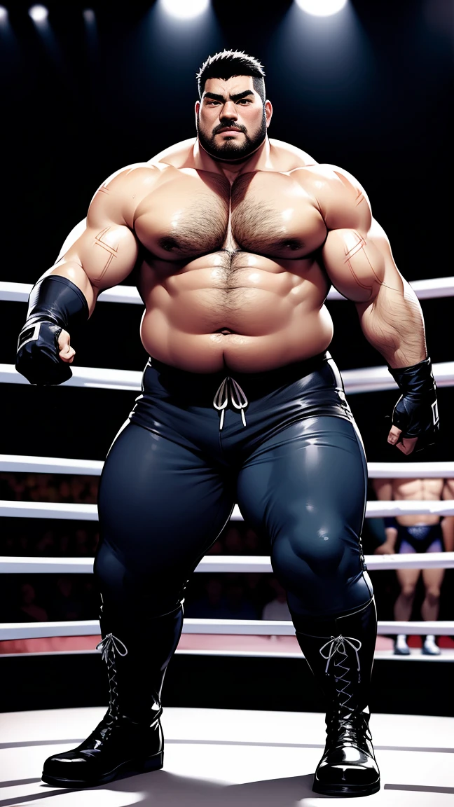 solo person，male people，Muscle wrestler，musculous，Stout wrestler，Asian people，jpn，uncle，60-year-old middle-aged man，Short hair，short detailed hair，Wrestling boots，Full body like，Panorama Figures，WWE rings，WWE American professional wrestling，spotlight lights，shadowing，visions，Briefs，fatness，age 55，,Middle aged，Tattooed with，Fingerless gloves，Wheat-colored skin，Oily skin，dark-skin，Show off your pectorals，Sumo wrestler，body builder，Wide sideburns，Pronounced abs，ssmile，The beard is gray，Gray hair，（Full body like：3），Fine hands，