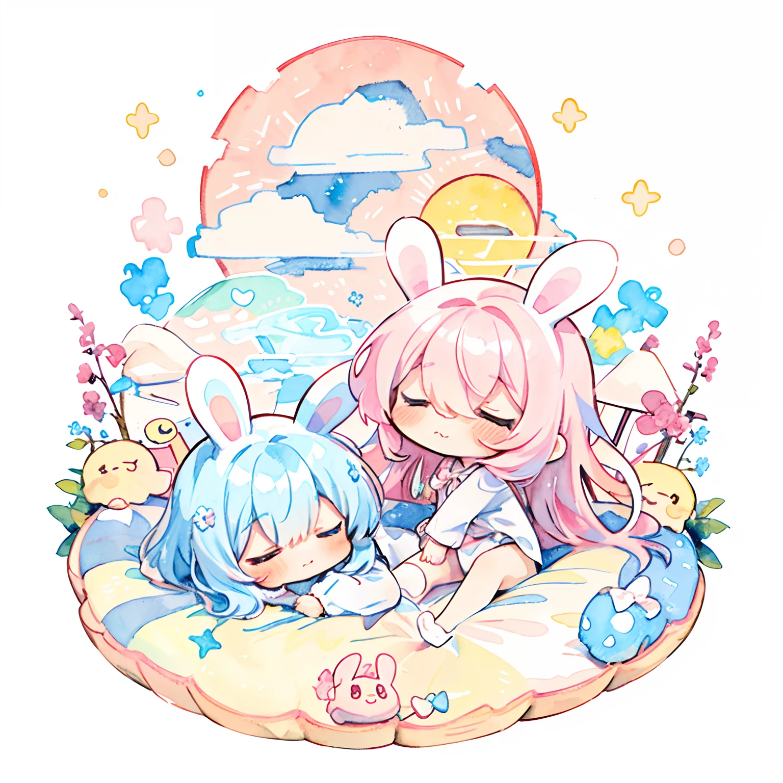 (PastelColors:1.5)、(Cute illustration:1.5)、(watercolor paiting:1.2)、(1 girl:1.0)、hair between eye、 Light blue hair, angelicales, a girl with long hair, Clouds with nice background, Mini Characters, Small light blue jellyfish floating, Sleeping on a futon, Sleeping face down, Colorful clouds, White rabbit ears, drooping rabbit ears、Haze、Whitehall、Chibi Chara、full body Esbian、Sorry sleep、Pastel color clouds