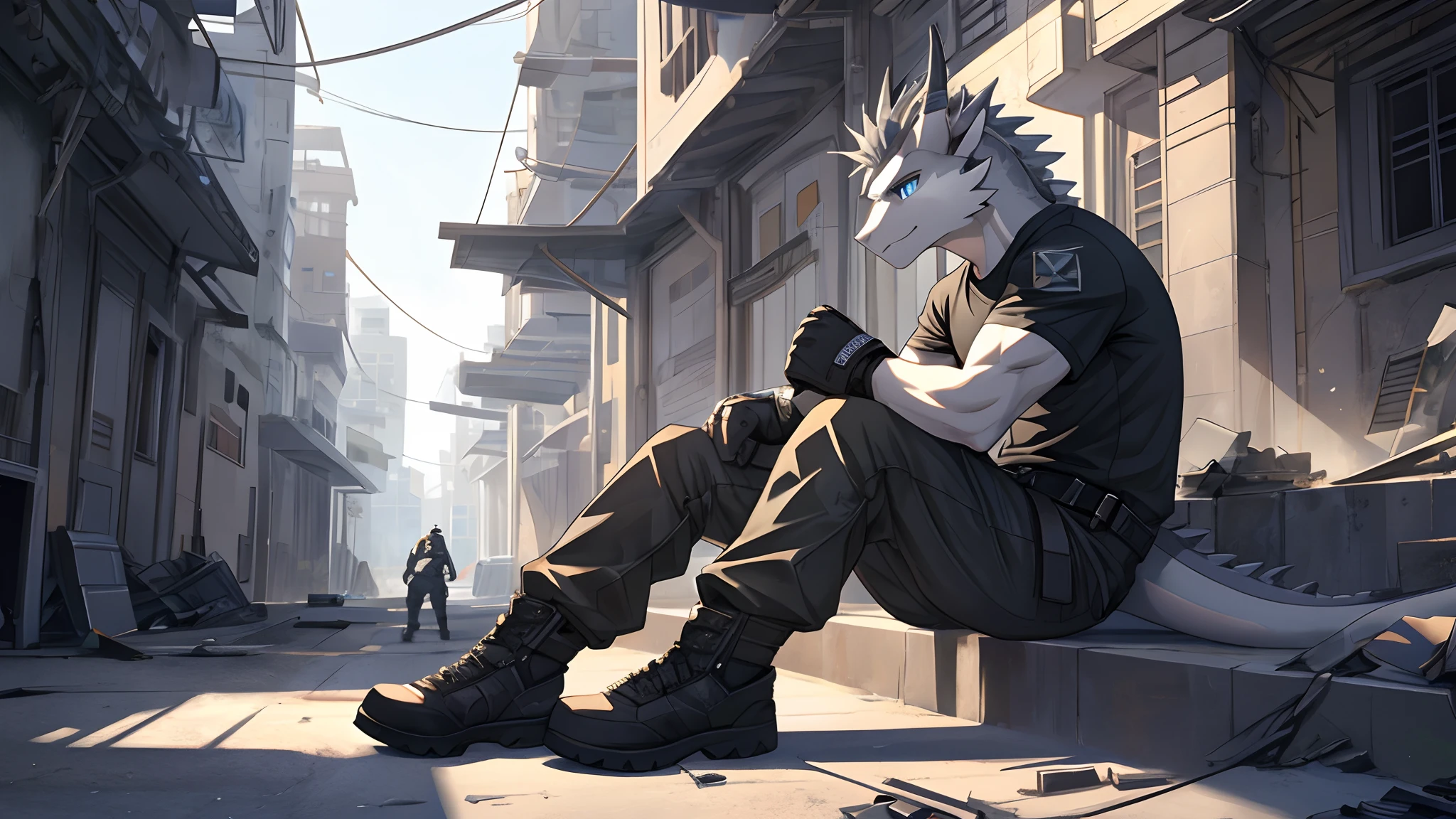 Masterpiece, Solo, Cool Pose, Furry Gray Dragon, Medium Strong Body, Blue Eyes, Grey Medium Hair, Combat Black Shirt, Combat Gloves, Combat Pants, Fierce, Good looking, Sitting. Morning, Future After War Background.