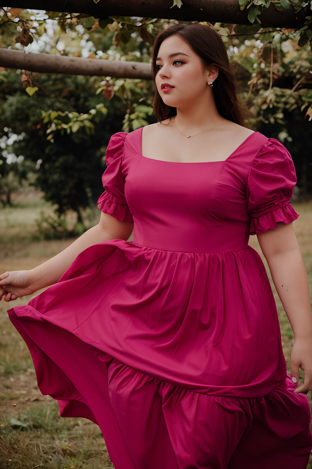 A woman in a pink dress standing in a field, usando um vestido rosa, vestido com um vestido rosa, vestido rosa, usa um vestido vermelho, romantic gown, Wearing a flowing dress, rosa profundo rico, Amy Rosa vestido vermelho, mulher plus size, usando um vestido vermelho, Flowing dress, mulher no vestido, modelo plus size sedutor, close up tiro de meio corpo