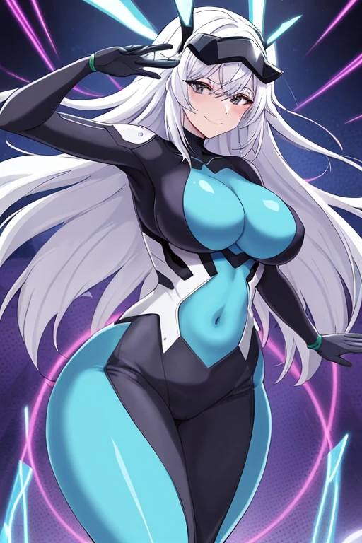 1girl, sway, hip sway, large breasts, swaying hips, thick thighs,wide hips, bouncing breasts, hands behind head, arms behind back, anime style, anime screencap, dancing, dance, mind control, hypnosis, futuristic, tech, science-fiction, vr visors, visors, covered eyes, head-mounted display, virtual reality visors, white hair, smile, visors on eyes, bodysuit, blue neon trim