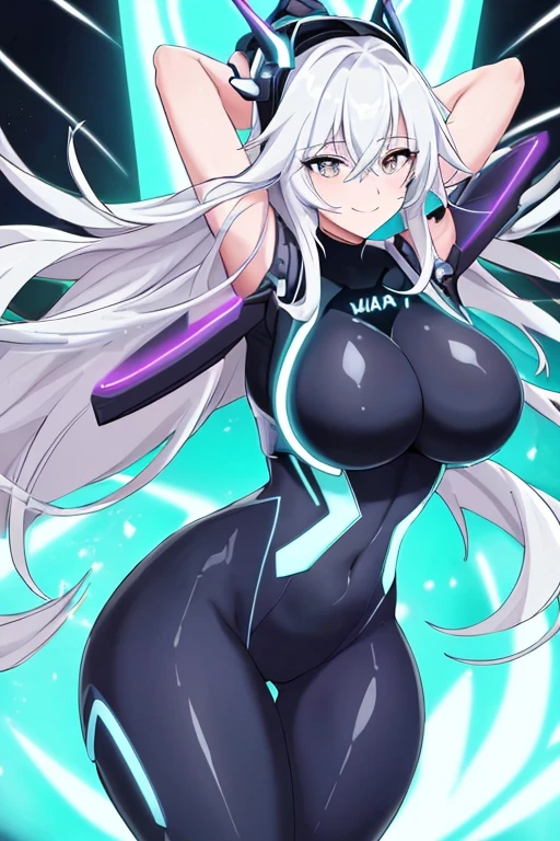 1girl, sway, hip sway, large , swaying hips, thick thighs,wide hips, bouncing breasts behind head, arms behind back, anime style, anime screencap, dancing, dance, mind control, hypnosis, futuristic, tech, science-fiction, vr visors, visors, covered eyes, head-mounted display, virtual reality visors, white hair, smile, visors on eyes, bodysuit, blue neon trim