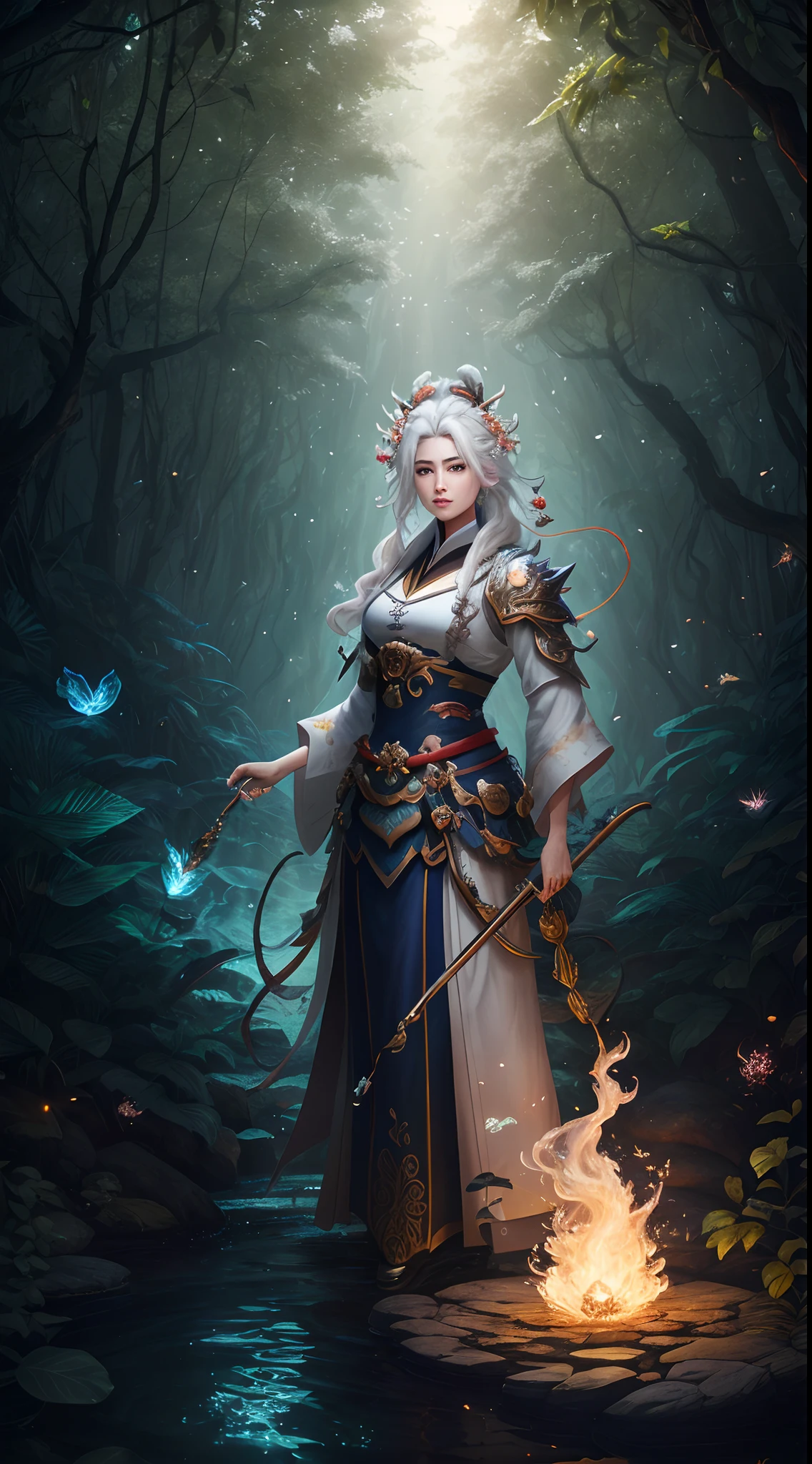 Masterpiece, best quality, (very detailed CG unified 8k wallpaper), (best quality), (best illustration), (best shadow), close-up of a beauty with white hair and white mask, beautiful figure painting, Guvitz, Guwiz style artwork, white-haired god, Yang J, epic exquisite character art, amazing character art, Fan Qi, Wu Zhun Shifan, Guwiz in pixiv art station, glowing elf, with a glowing deer, drinking water in the pool, Natural elements in forest theme. Mysterious forest, beautiful forest, nature, surrounded by flowers, delicate leaves and branches surrounded by fireflies (natural elements), (jungle theme), (leaves), (branches), (fireflies), (particle effects) and other 3D, Octane rendering, ray tracing, super detailed