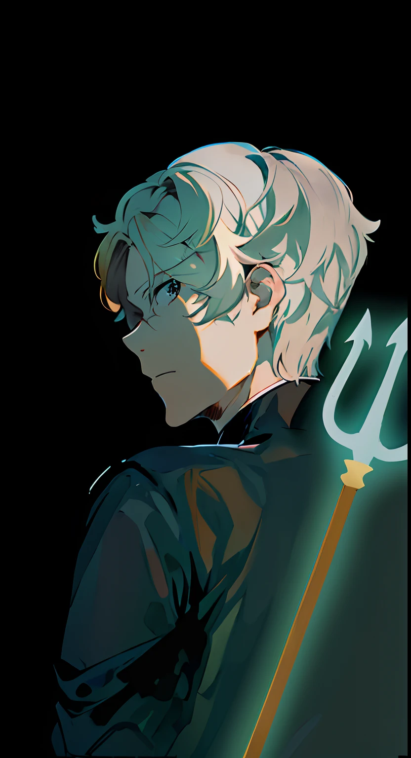 Fanart Anime boy, light skin tone, parted blonde hair, boy from behind looks backwards, handsome boy, trident on back