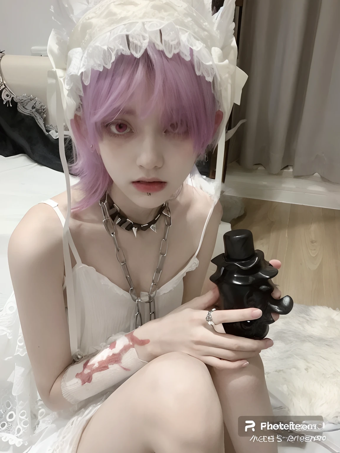 Araffe boy with purple hair and white dress, 1 7 Year Old - Anime Gothic Boy, Cruel Korean Gothic Boy, Pale Ghost Boy, pale porcelain white skin, Gothic horror atmosphere, Pale Gothic beauty, Fairycore, Gapmoe Yandere Grimdark, e-boy, E - boy, Gothic aesthetics