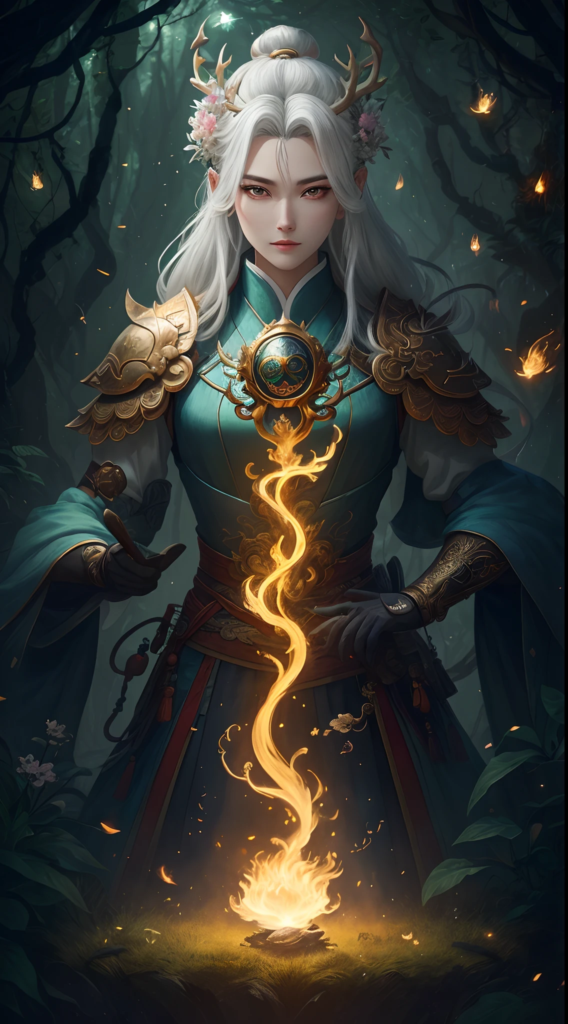 Masterpiece, best quality, (very detailed CG unified 8k wallpaper), (best quality), (best illustration), (best shadow), close-up of a beauty with white hair and white mask, beautiful figure painting, Guvitz, Guwiz style artwork, white-haired god, Yang J, epic exquisite character art, amazing character art, Fan Qi, Wu Zhun Shifan, Guwiz in pixiv art station, glowing elf, with a glowing deer, drinking water in the pool, Natural elements in forest theme. Mysterious forest, beautiful forest, nature, surrounded by flowers, delicate leaves and branches surrounded by fireflies (natural elements), (jungle theme), (leaves), (branches), (fireflies), (particle effects) and other 3D, Octane rendering, ray tracing, super detailed