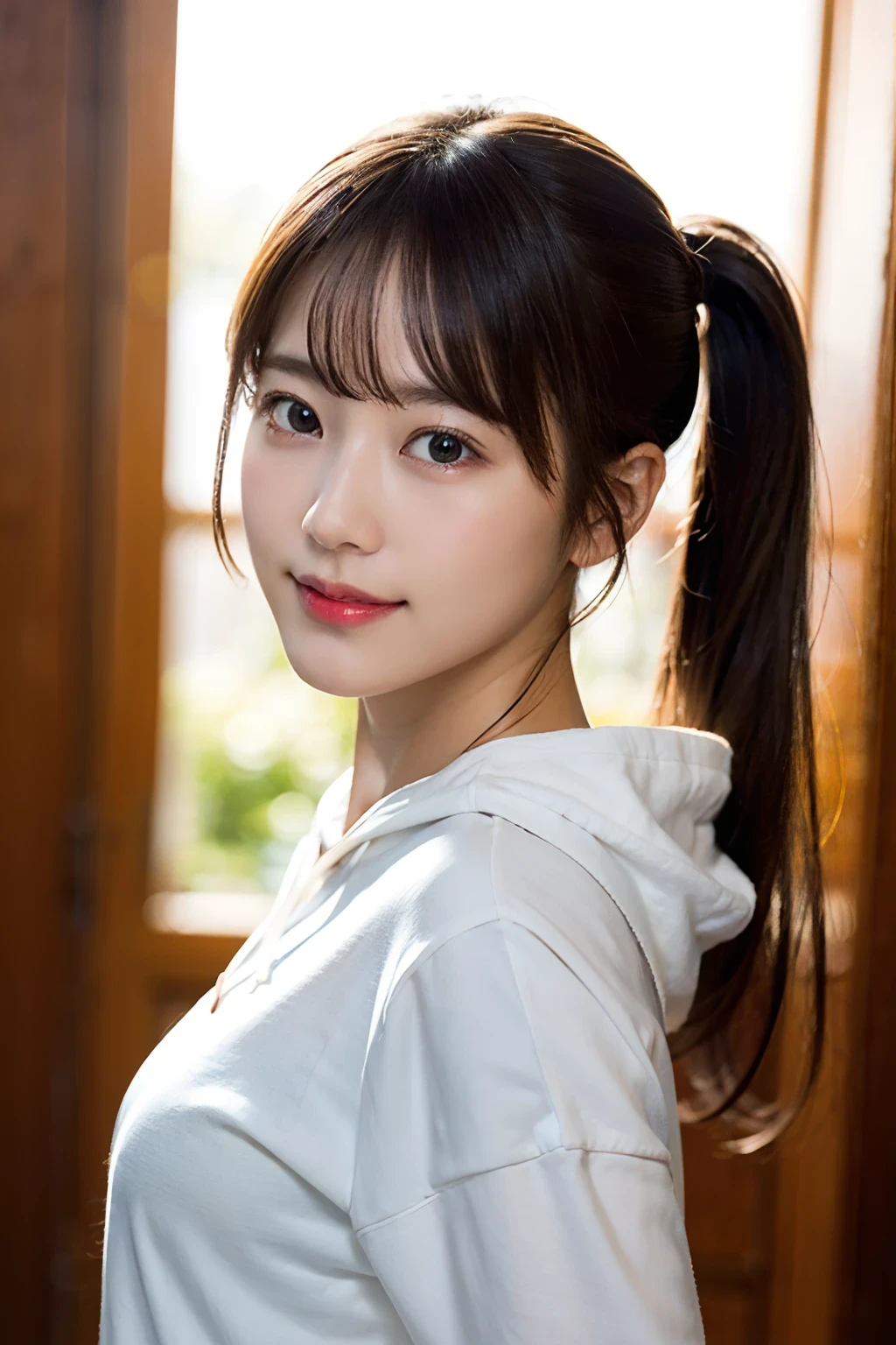 (8K、Raw photography、top-quality、masterpiece:1.2)、(realisitic、Photorealsitic:1.37)、ultra-detailliert、超A high resolution、1人、see the beholder、beautifull detailed face、A smile、Constriction、(Slim waist) :1.3)、White hoodie、Beautiful detailed skin、Skin Texture、poneyTail、profetional lighting、