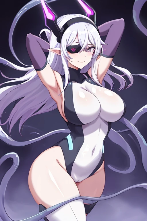 1girl, sway, hip sway, large breasts, swaying hips, thick thighs,wide hips, bouncing breasts, hands behind head, arms behind back, anime style, anime screencap, dancing, dance, mind control, hypnosis, futuristic, tech, science-fiction, vr visors, visors, covered eyes, head-mounted display, virtual reality visors, white hair, smile, visors on eyes, bodysuit, blue neon trim, consensual tentacles, tentacles, cum