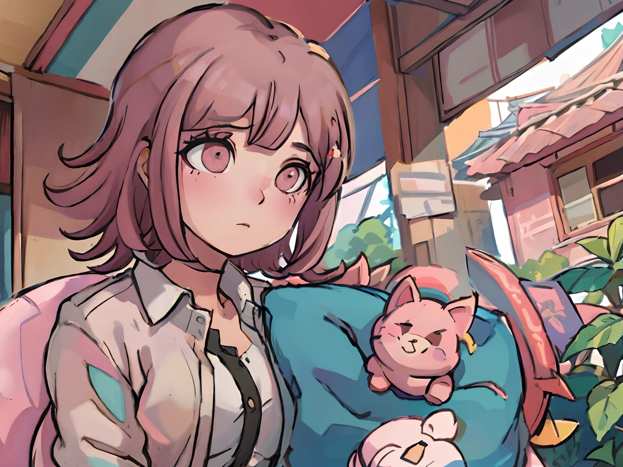 Chiaki nanami sentado en un banco del parque, Mirando al horizonte, pensativo, Estar absorto, Daylight, hermoso parque, Pelo corto rosa, ojos rosados, flequillo, Chaqueta con capucha verde azulado, Falda beige, Camisa con cuello de ehite, Horquilla, air particles, sentada, Descansando, 20 yrs old girl