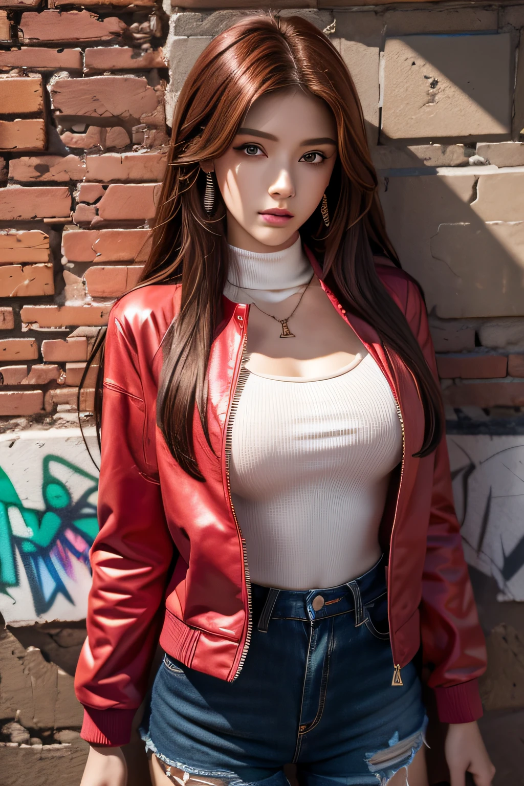 (masterpiece, best quality, 1 girl, solo, intricate details, chromatic aberration), realistic, ((medium breath)),long hair, red hair, red decoration on the head, pink highlights, amber eyes, earrings, sharp eyes, necklace, neon shirt, ripped shorts, unbuttoned jacket, turtleneck, night, against the wall, brick wall, graffiti, dim lighting, alley, look at the viewer