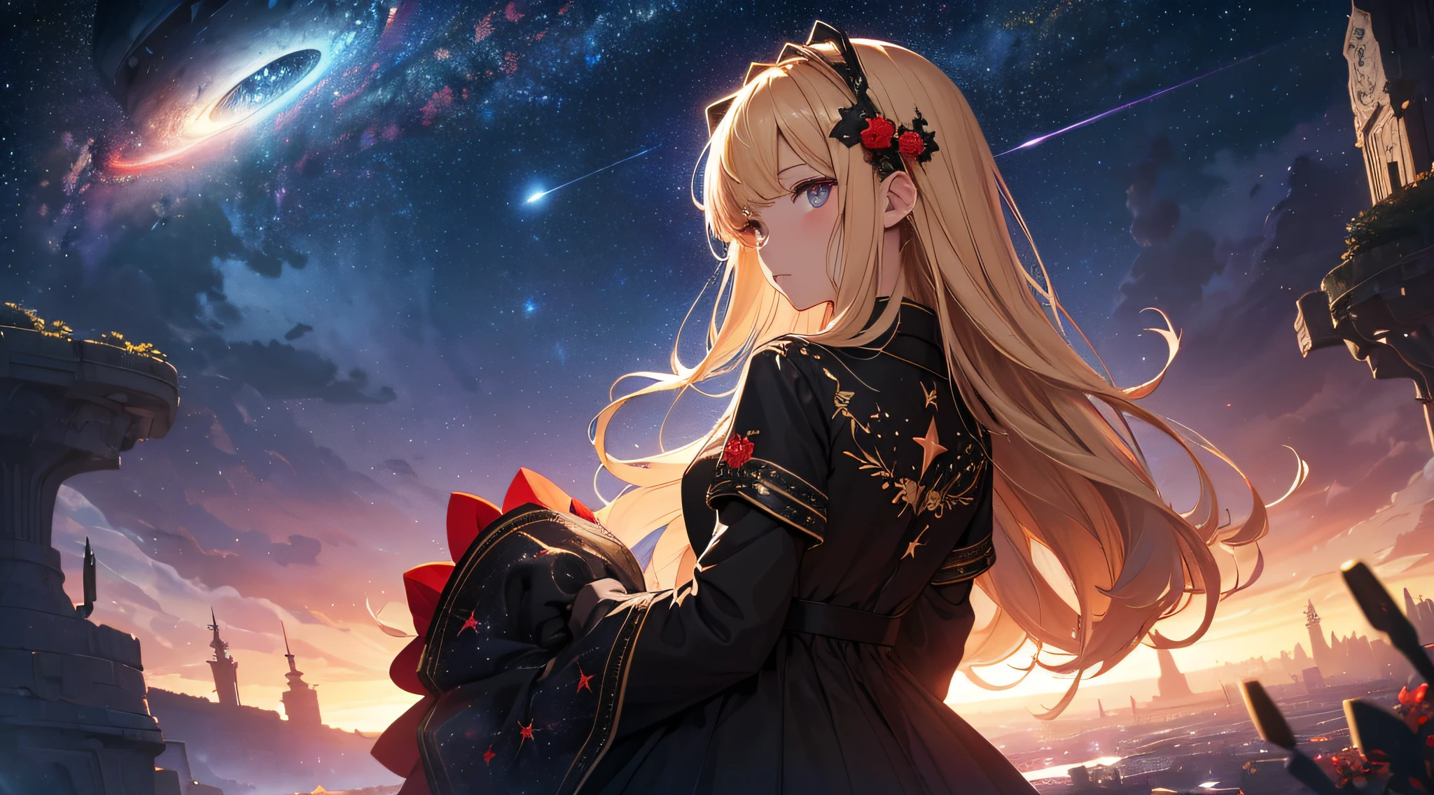 masterpiece、Background with((Fantastic starry sky、meteors、black hole))、Depth((Planets that glow red))、a beauty girl、One-piece high-detail embroidery、Rear view、a blond、heavy wind、