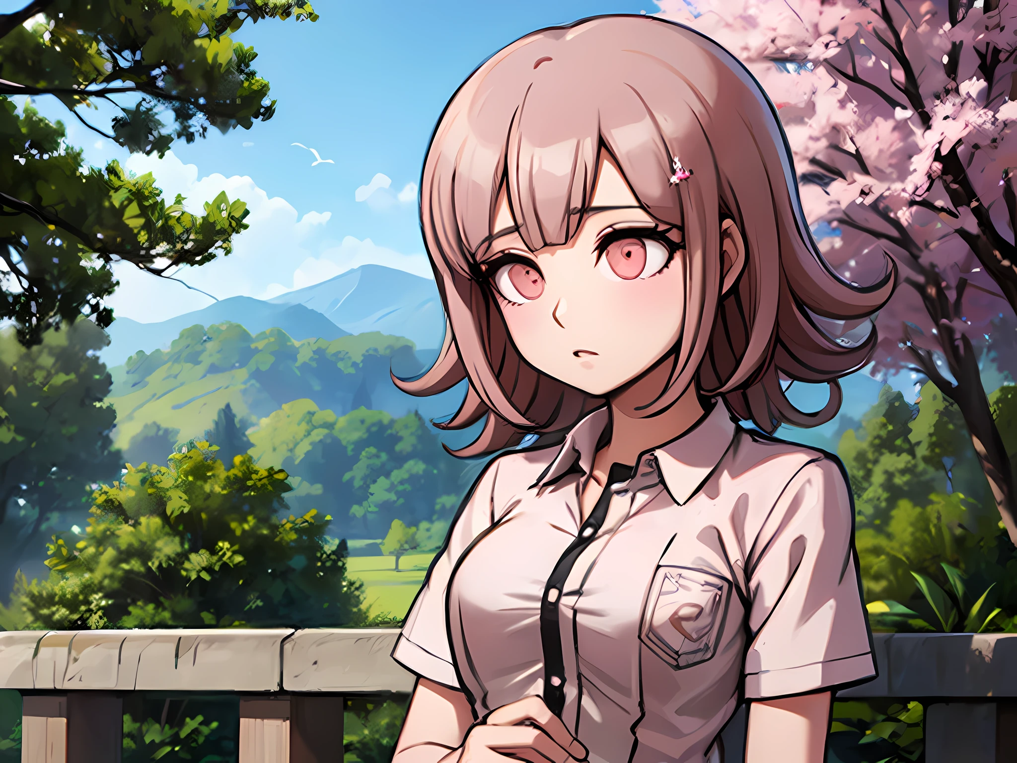 Chiaki nanami sentado en un banco del parque, Mirando al horizonte, pensativo, Estar absorto, Daylight, hermoso parque, Pelo corto rosa, ojos rosados, flequillo, Chaqueta con capucha verde azulado, Falda beige, Camisa con cuello de ehite, Horquilla, air particles, sentada, Descansando, 20 yrs old girl