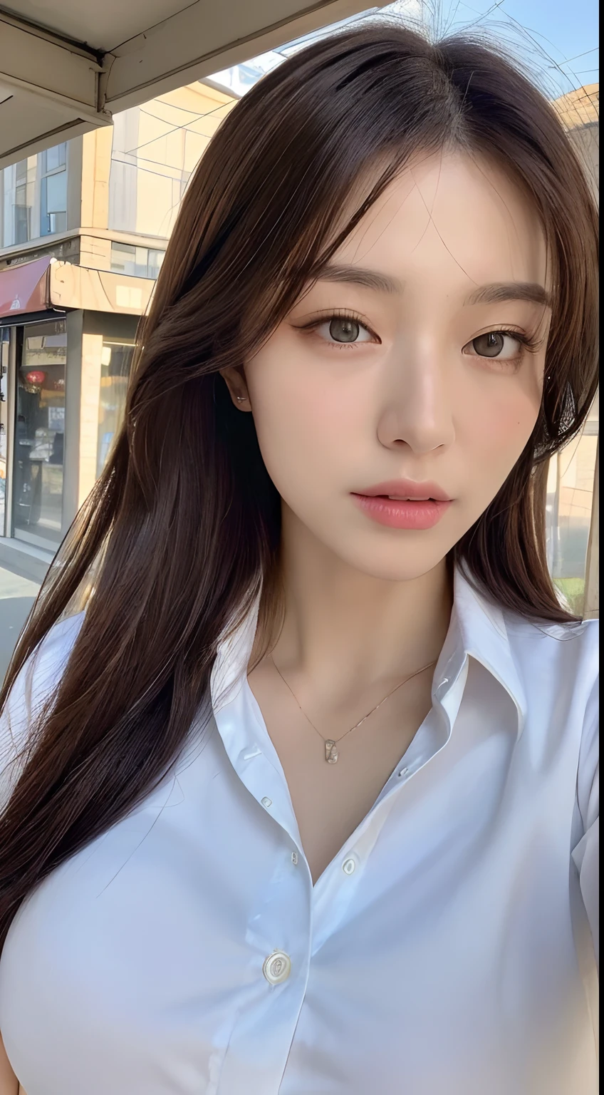 ((Best quality, 8k, Masterpiece :1.3)), Sharp focus :1.2, A pretty woman with perfect figure :1.4, Slender abs :1.2, ((Dark brown hair, Big breasts :1.2)), (White button up long shirt :1.1), City street:1.2, Highly detailed face and skin texture, Detailed eyes, Double eyelid