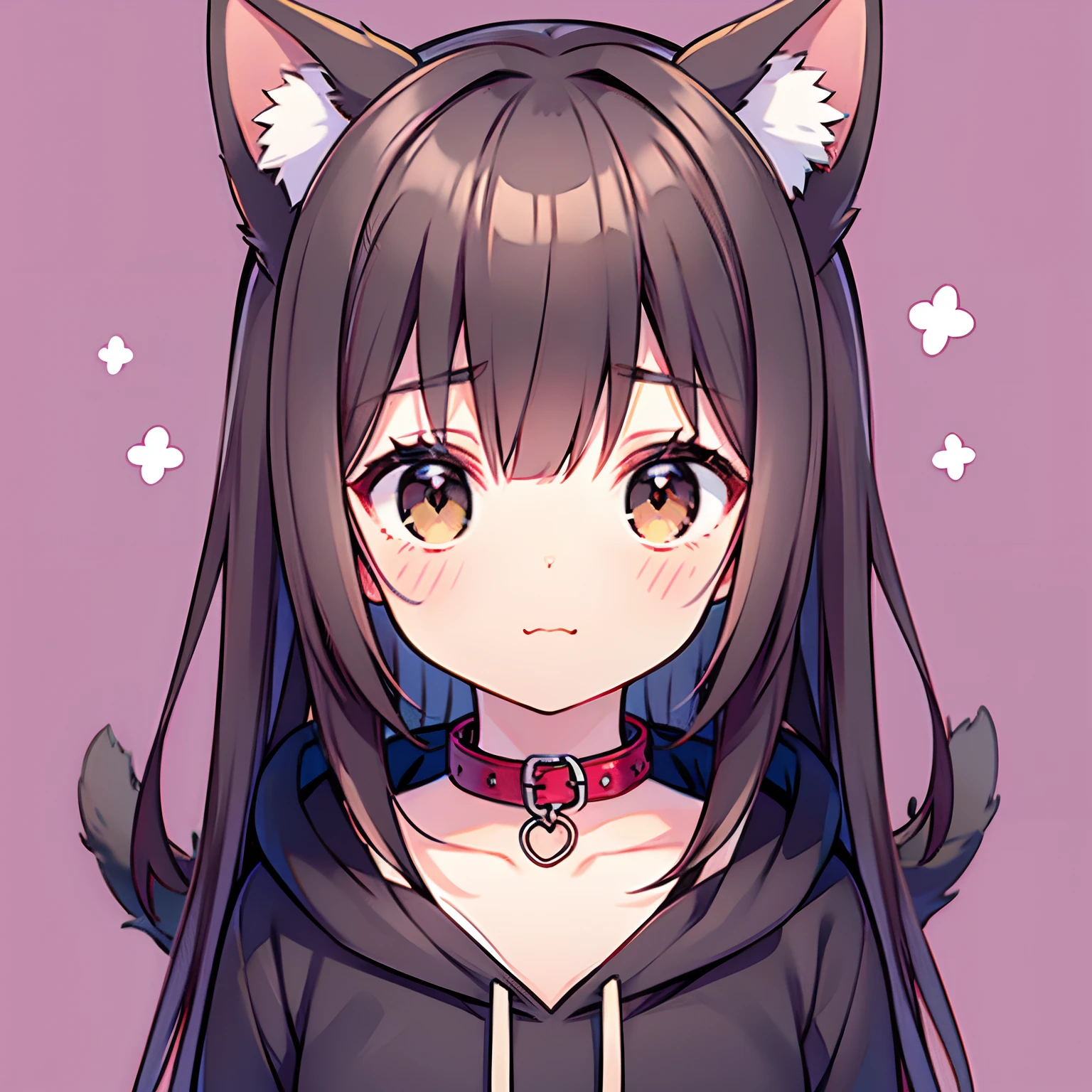 Cute anime girl with dark brown hair, brown puppy ears and a puppy tail, dark brown eyes, petite, wearing a hoodie, and a red collar, purple background