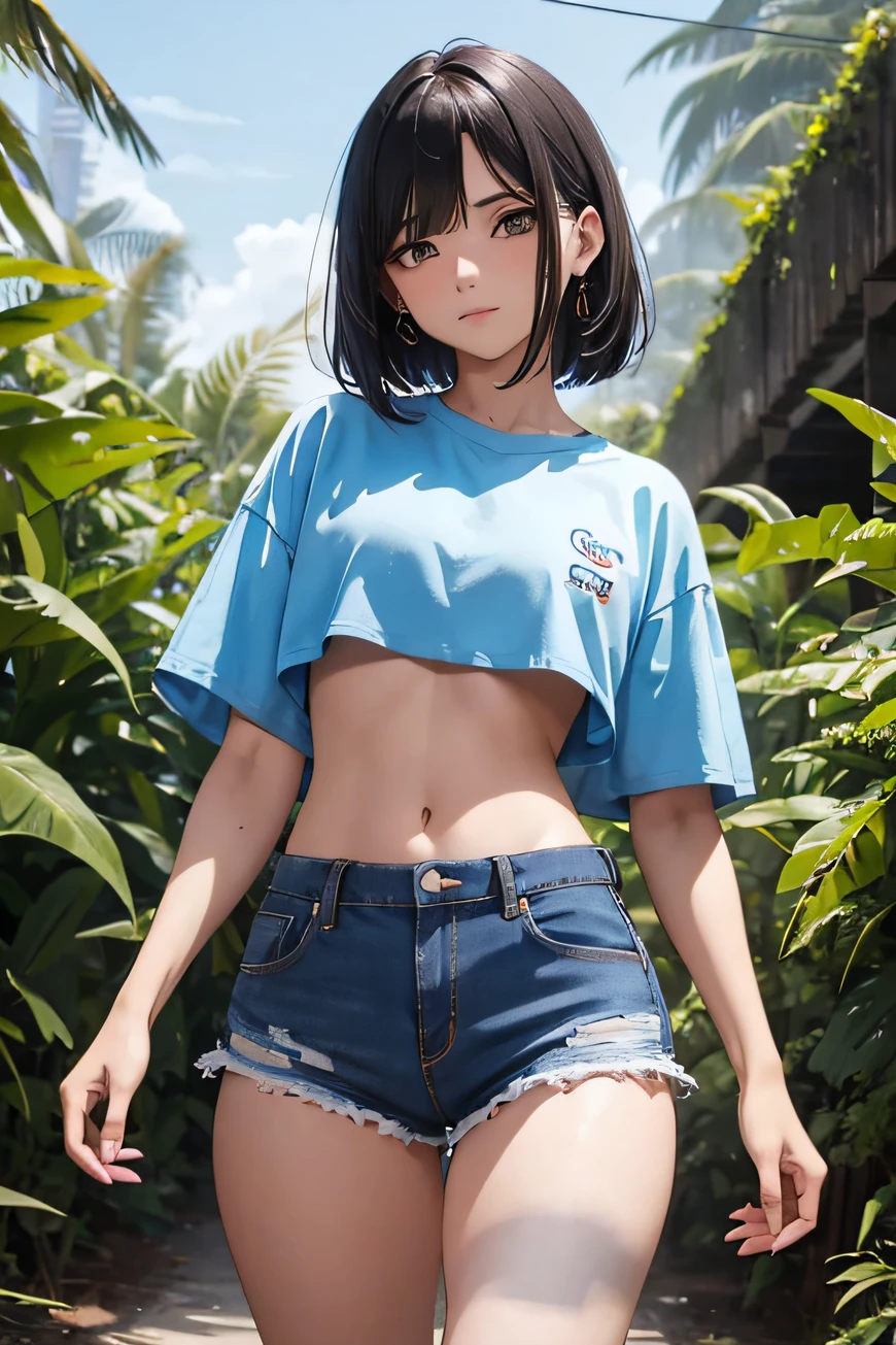 garoto sexo masculino bonito corpo magro delicado, pele branca clara, cabelo medio ate a altura do ombro com uma mecha atraz da orelha, cintura fina, mamilos bonitos, rosto bonito e fofo, olhos azuis, usando um cropped azul claro e shorts apertados com volume em suas partes intimas, de frente, graficos impressionantes, qualidade alta, em um campo de girassois, com rosto timido,
