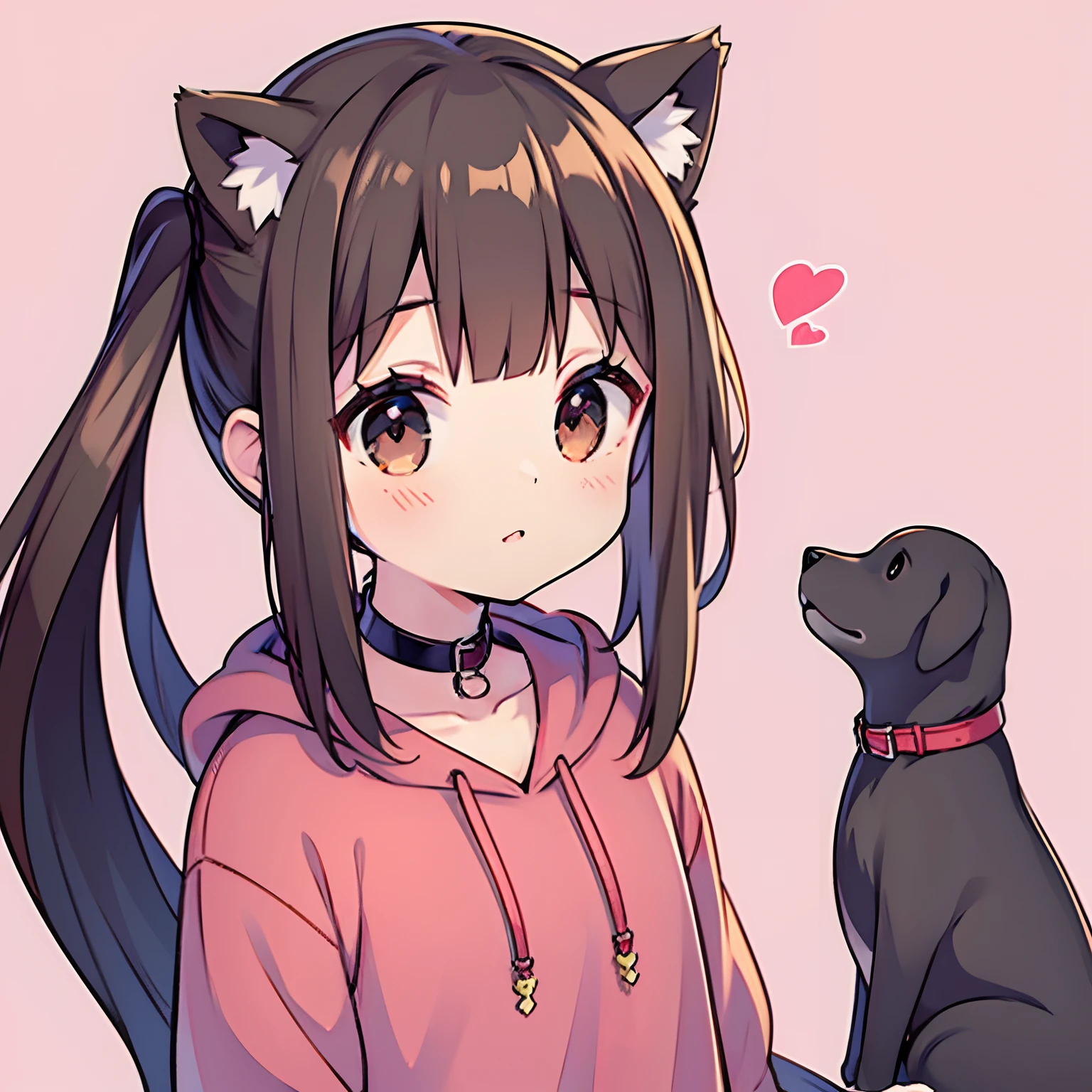 Cute anime girl with dark brown hair, brown puppy ears and a puppy tail, dark brown eyes, petite, wearing a hoodie, and a red collar, purple background