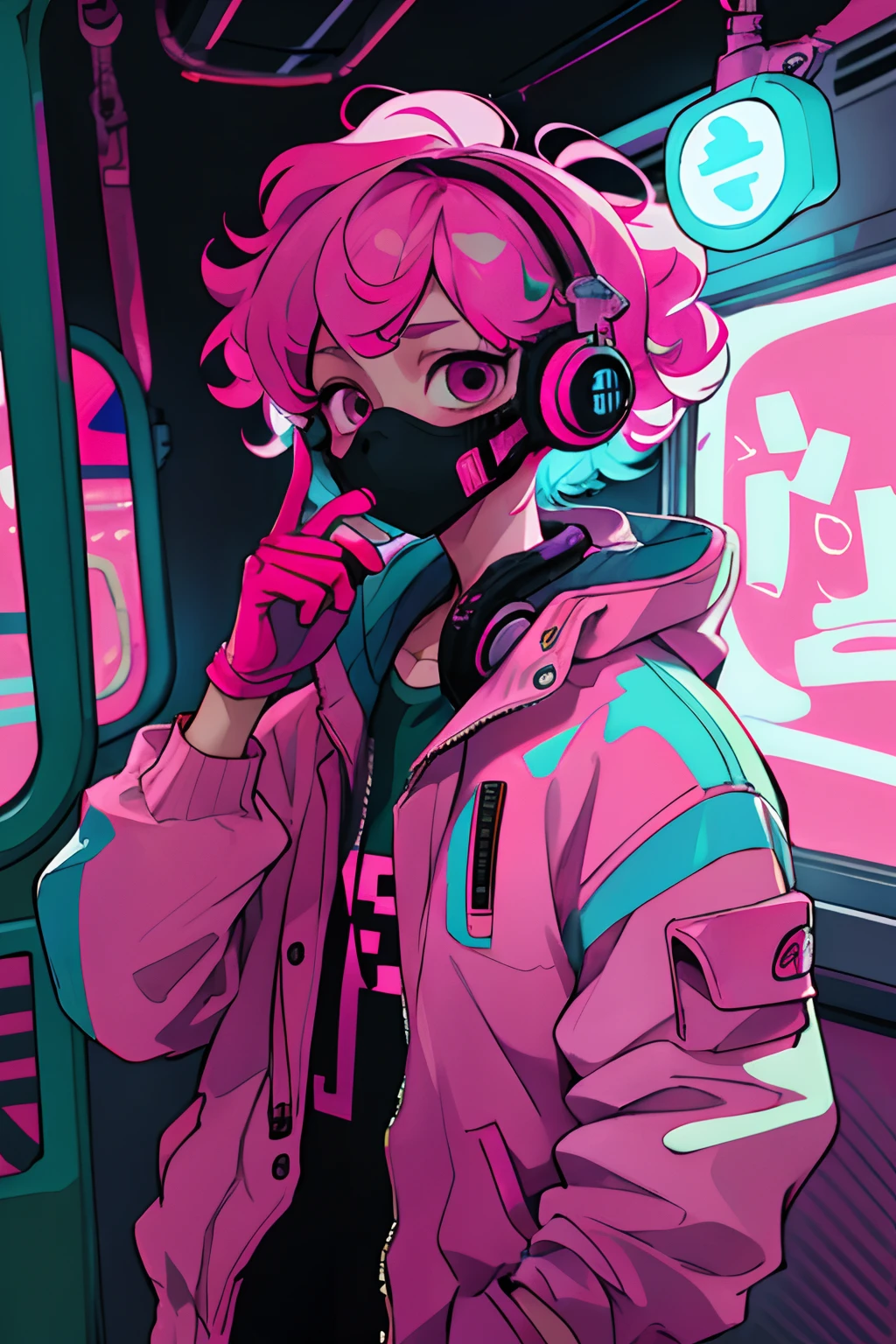 Kpop boy Inside a train, pink gloves, face mask, looking at her phone, cool colorful jacket, listening to her headphone, pink messy curly hair, neon glowing style
, cool background, young