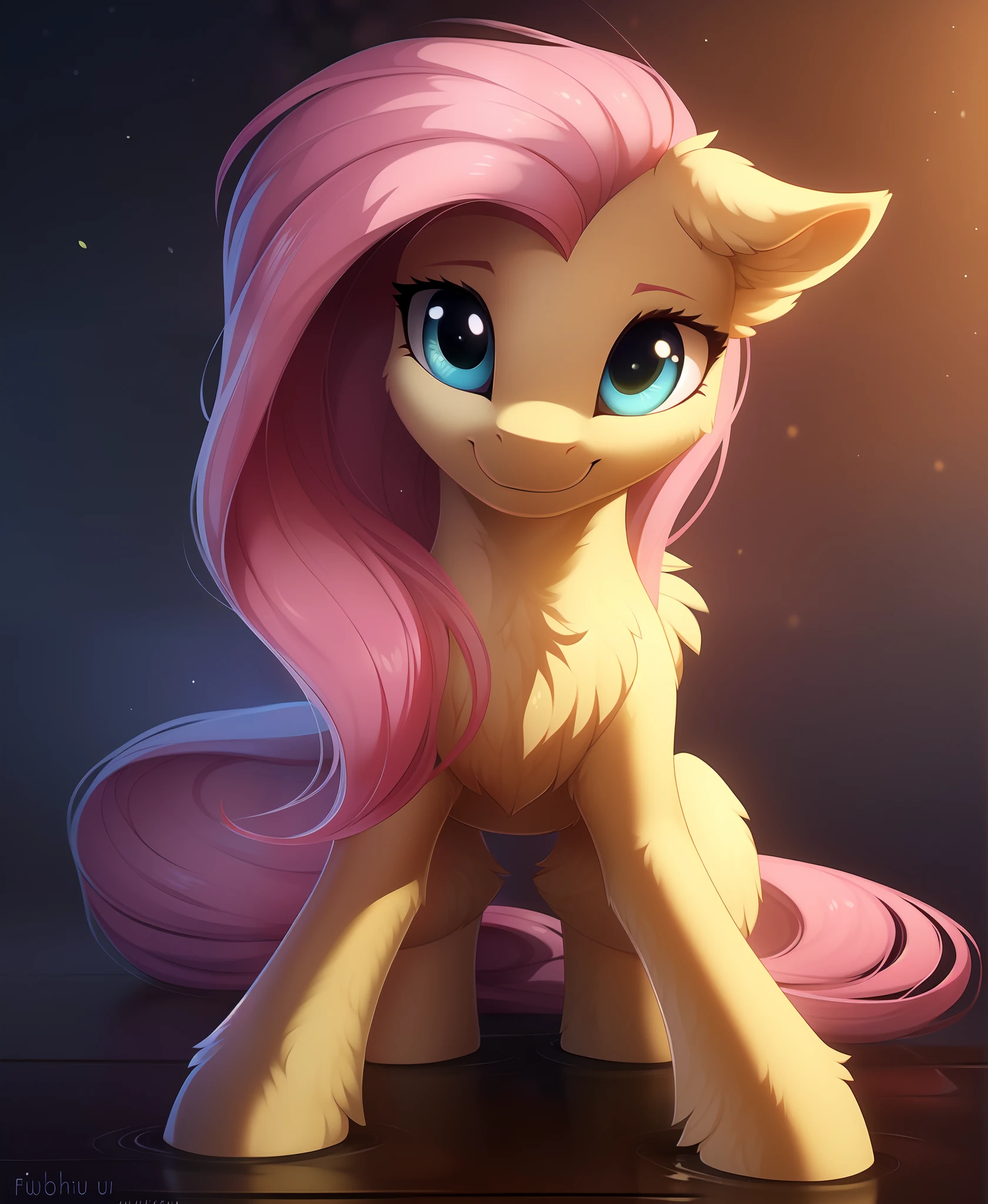 ((masterpiece)), ((best quality)), (8k), (high detailed), (beautiful), 1girl, feral, fluttershy, smile, one character, mlp, pony, my little pony, horse, wet  (full body shoot:1.2), detailed hair, detailed fur,, (hioshiru:1.0)