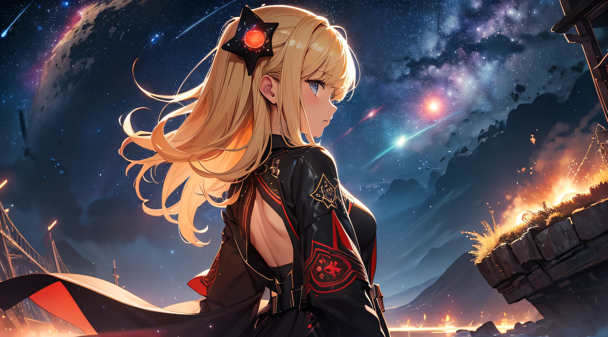 masterpiece、Background with((Fantastic starry sky、meteors、black hole))、Depth((Planets that glow red))、a beauty girl、One-piece high-detail embroidery、Rear view、a blond、heavy wind、