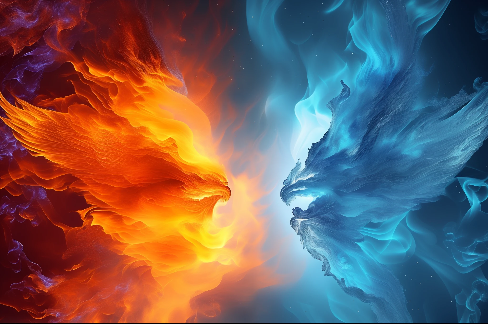 Flames and smoke can be seen in this image of ice and fire, orange fire/blue ice duality!, Ice and fire, fire and ice, energy flows of water and fire, wallpaper hd, Wallpaper 4k, wallpaper 4 k, fire and water, emerging from blue fire, blue fire powers, ''wallpaper of a phoenix, wallpaper hd, Breathe in the blue flames
