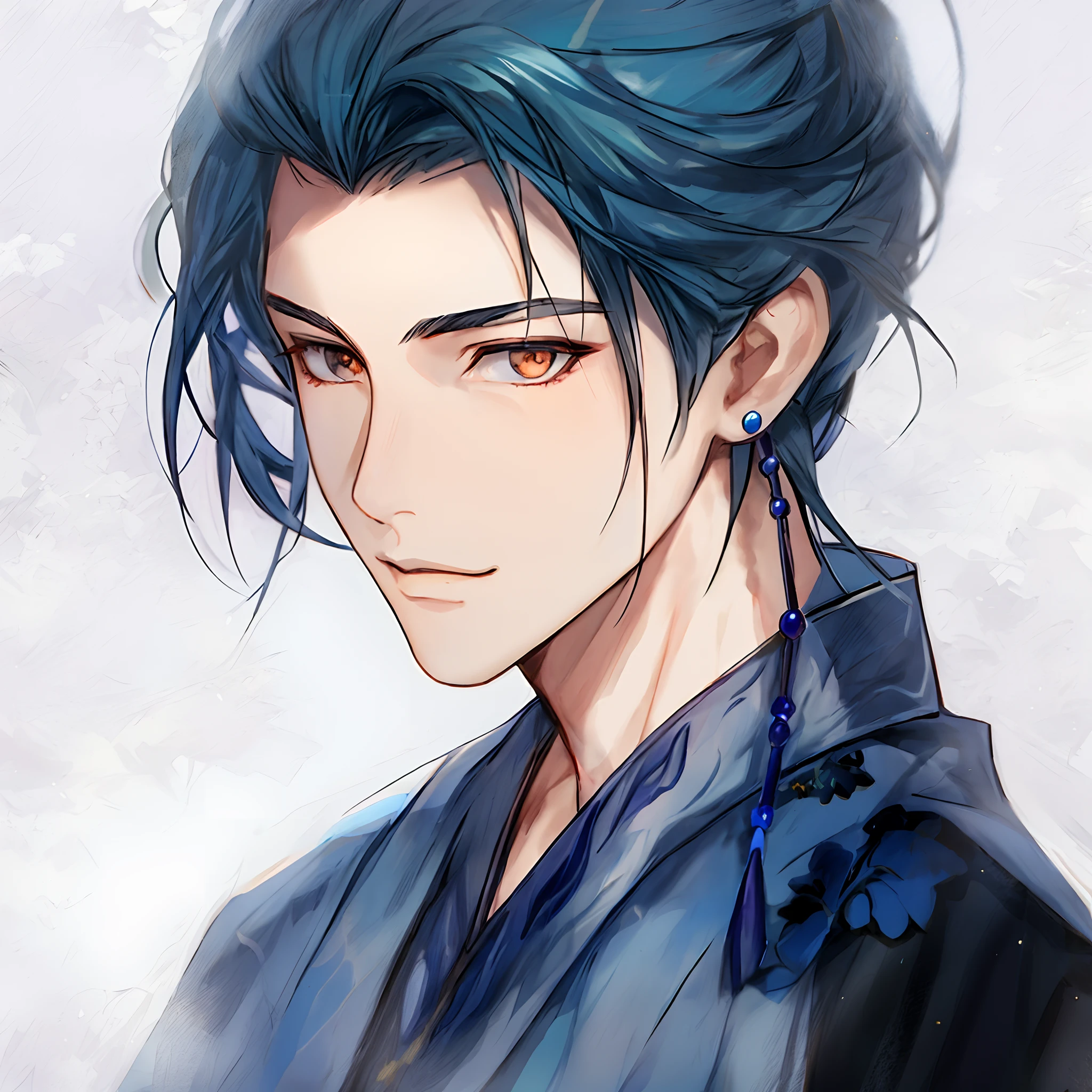 Anime - A close-up of a 28-year-old boy with long black hair and a cyan robe, flowing hair and long robes, handsome guy in demon killer art, A handsome guy in the amorous and wanton art, with his long black hair,Long hair tied up and wearing an antique cyan robe,Holding an ink fan in his hand, he smiled, Beautiful androgynous prince, Delicate androgynous prince, Anime handsome man, Anime portrait of a handsome man, Male anime style, high quality portrait, Stunning anime face portrait, Inspired by Bian Shoumin, heise jinyao
