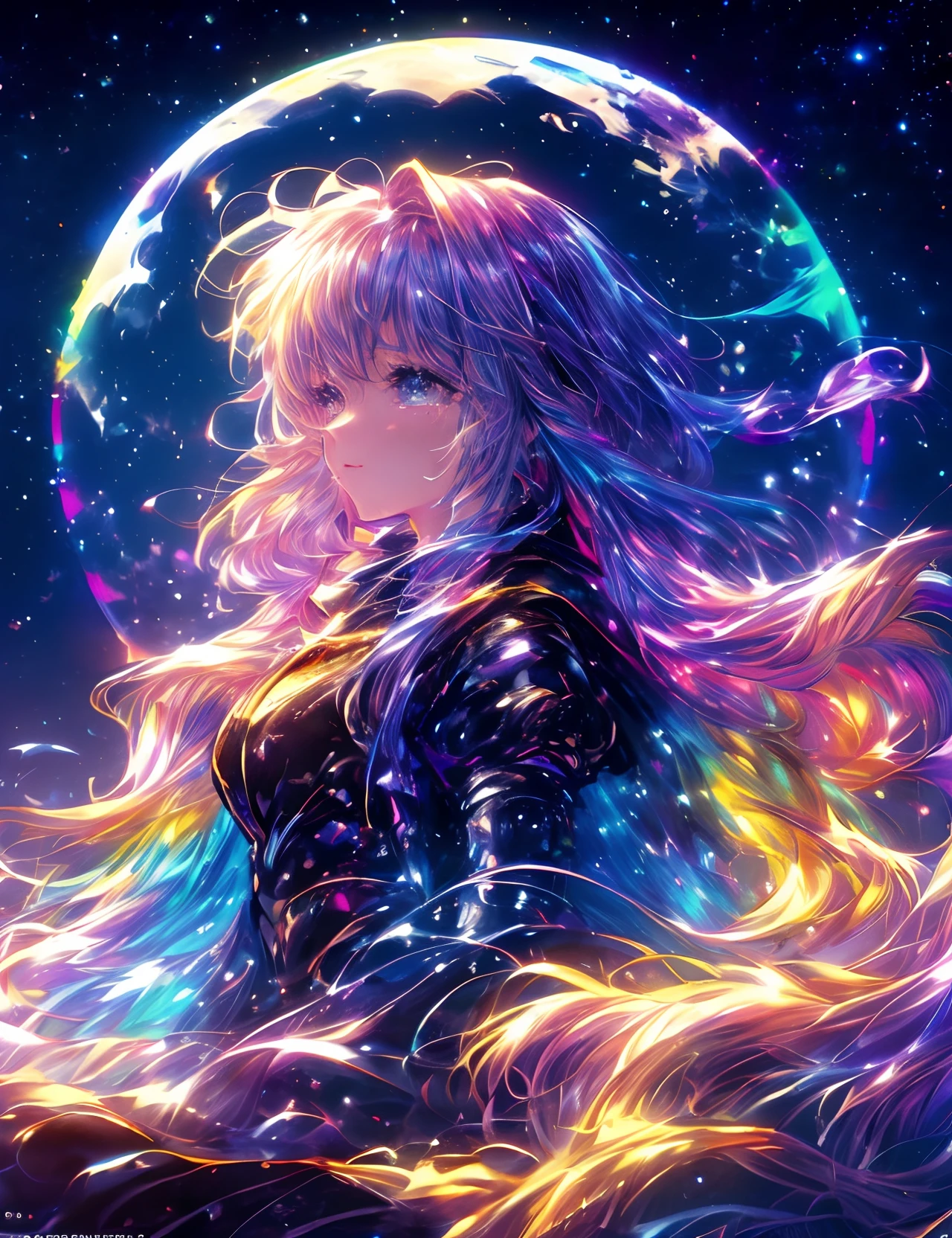 ((Supergiant pale yellow moon))((A girl who looks up at her profile and is subjectively depicted))、((Crying girl))、Profile Girls、On a multicolored background、River painting with stars and moon in rainbow sky、Shining skyscrapers、Shine across the board、Concept art inspired by Mitsuoki Tosa、pixiv contest winners、top-quality、Fantasyart、beautiful anime scene、Bright moon、Moonlit star environment、Dream painting、Anime Background Art、Fantasy landscape art、fantasy knight、anime backgrounds、background artwork、Fantastic art、atmospheric anime、starrysky、Detail has been enhanced。