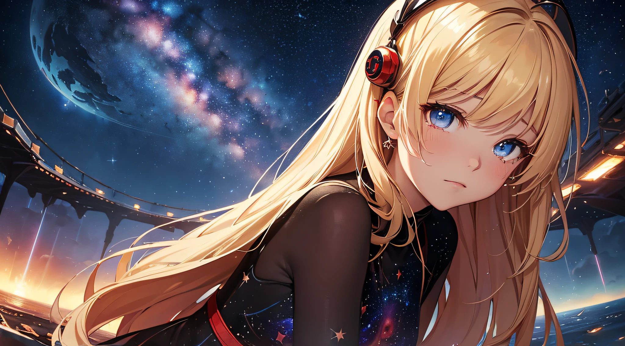 ​masterpiece、Background with((Fantastic starry sky、meteors、black hole))、Depth((Planets that glow red))、a beauty girl、One-piece high-detail embroidery、a blond、heavy wind、is crying