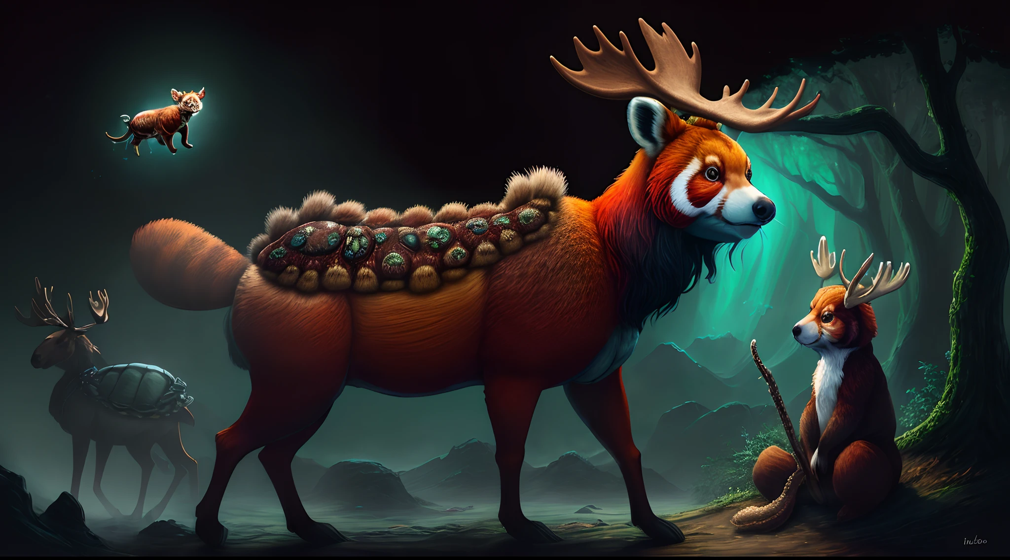 a mythical creature that is a mix of a red panda, a moose, octopus, moth, turtle