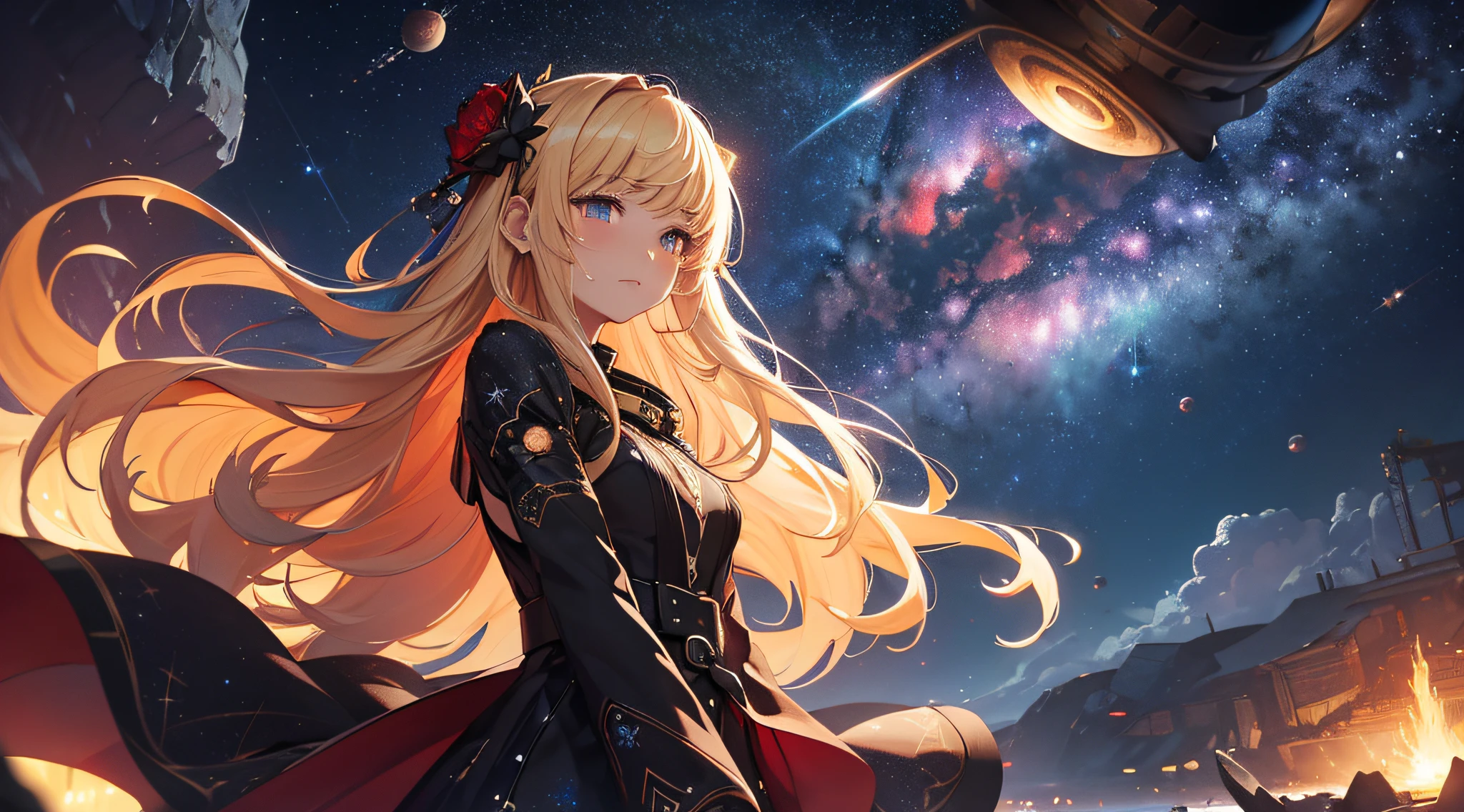 masterpiece、Background with((Fantastic starry sky、meteors、black hole))、Depth((Planets that glow red))、a beauty girl、One-piece high-detail embroidery、a blond、heavy wind、is crying