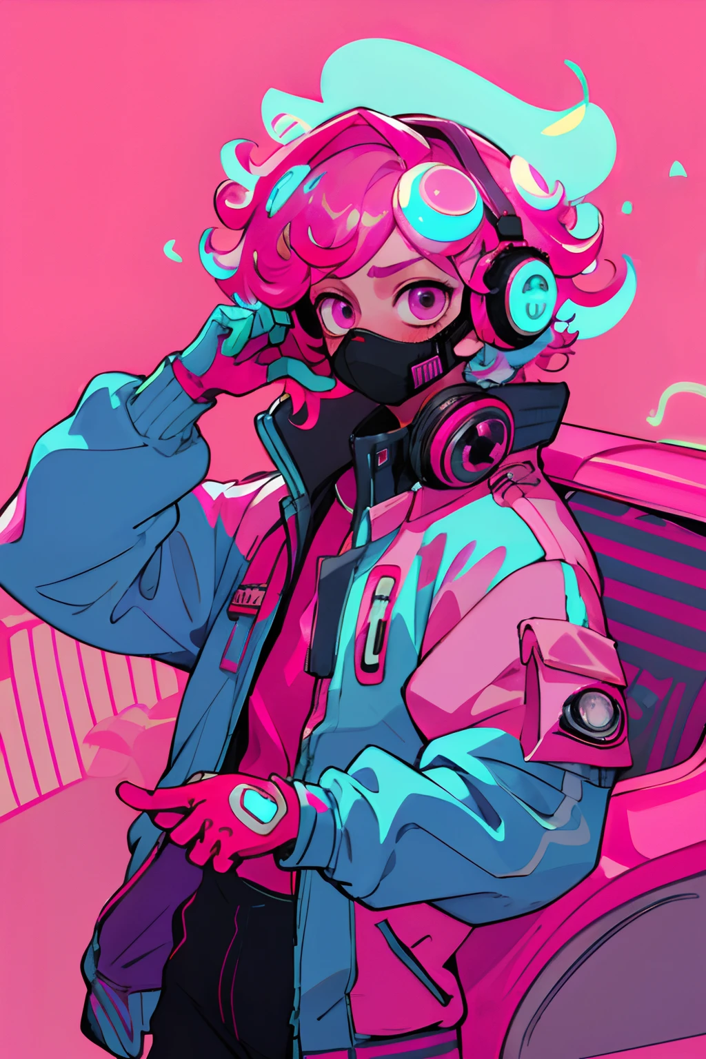 Kpop boy Inside a train, pink gloves, face mask, looking at her phone, cool colorful jacket, listening to her headphone, pink messy curly hair, neon glowing style
, cool  background, young