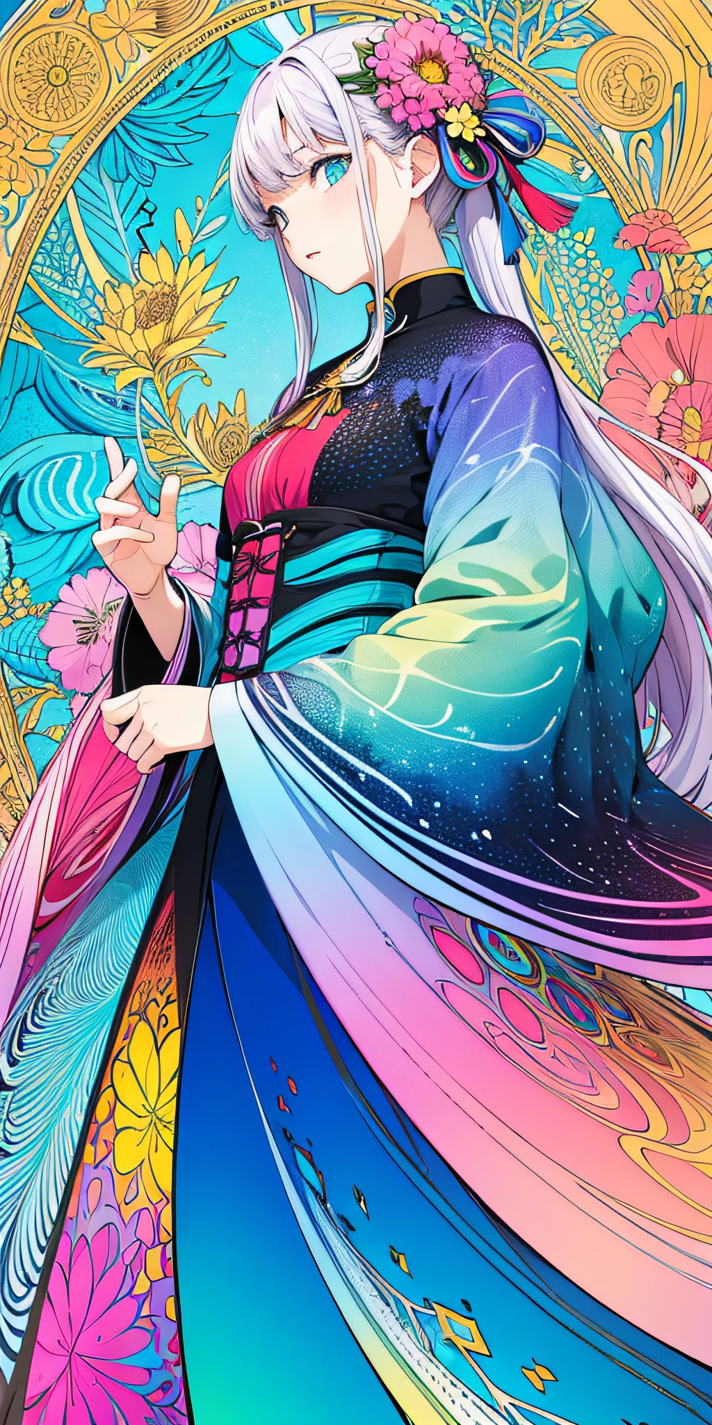 (flat-colors:1.3)、(colourfull:1.3)、(masuter piece:1.2)、top-quality、masterpiece、original、highly detailed wallpaper、looking at viewert、1 beautiful girl with pattern、独奏、Colorful water floating、(Fractal Art:1.3 )、