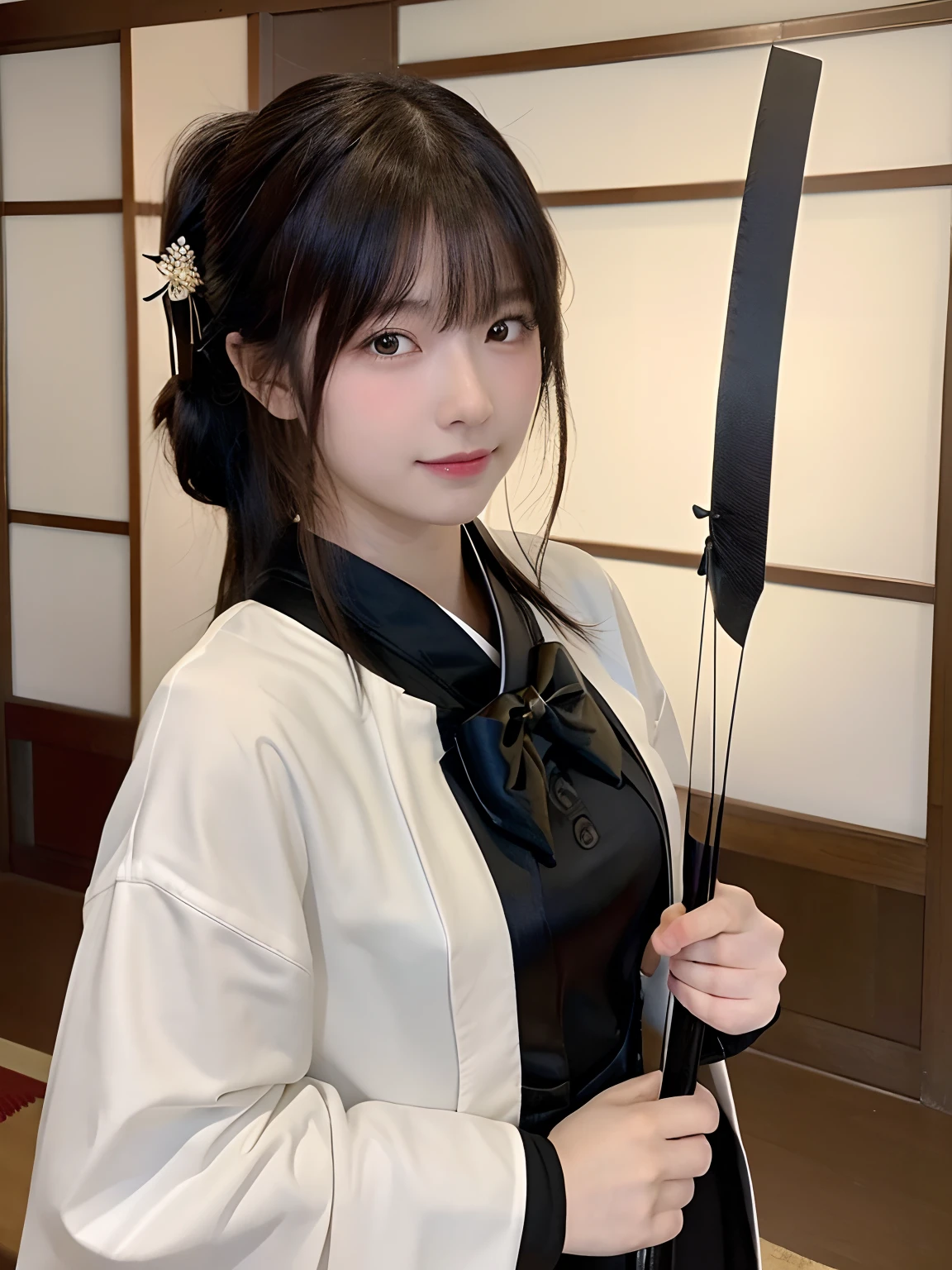 (top-quality,8K picture quality,masterpiece:1.3,),(超A high resolution,Photorealsitic:1.4,Raw photography),(ultra-detailliert,shinny skin,Detailed skin),(Detailed face,Perfect Anatomy,Caustics),(White archery suit:1.1),(hakama:1.1),(Grab your bow and arrow and hold it:1.3),(Kyudojo:1.1),(fully body photo),18year old,japanes,Japanese ido,A dark-haired,High ponytail,large boob,natural soft light