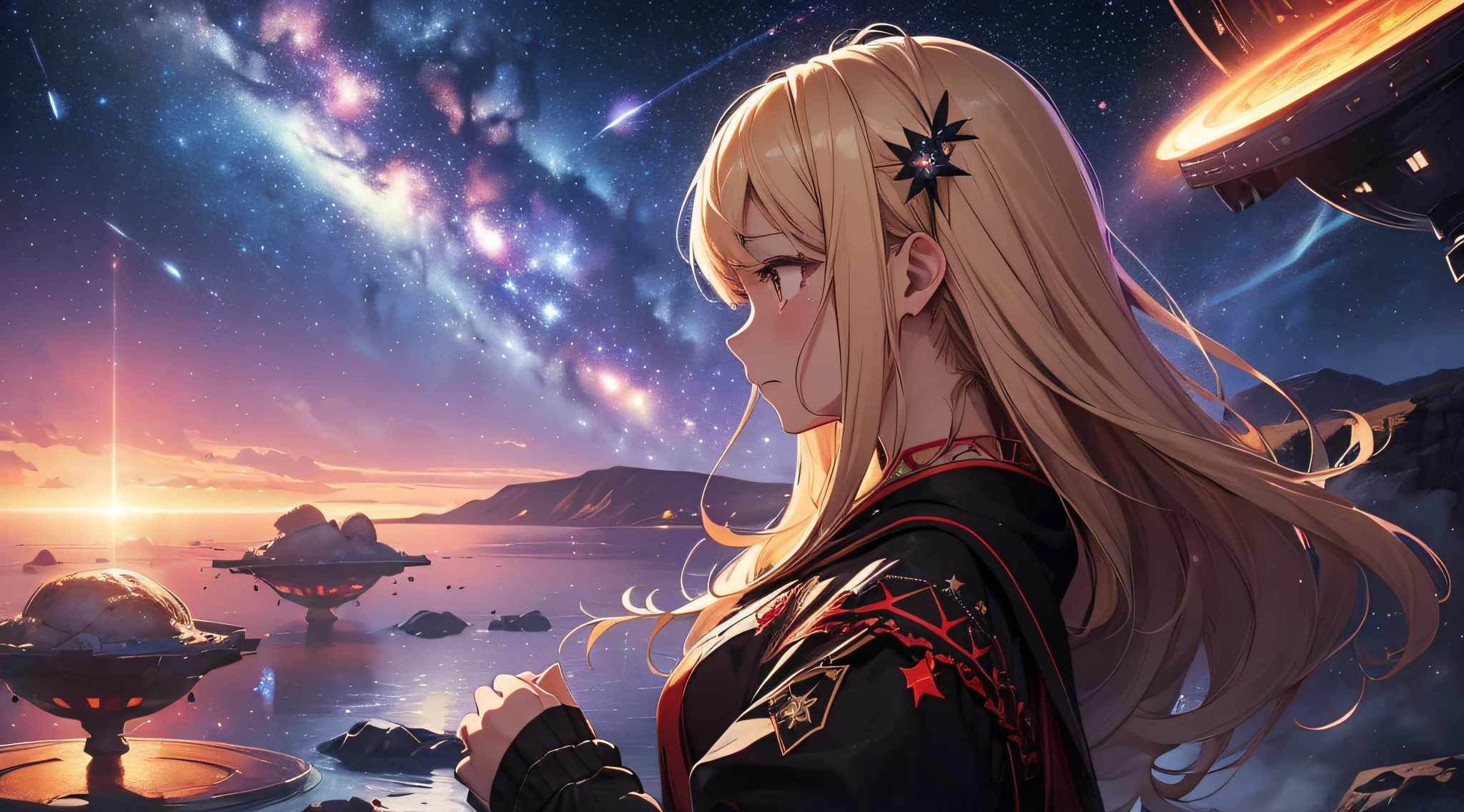 ​masterpiece、Background with((Fantastic starry sky、meteors、black hole))、Depth((Planets that glow red))、a beauty girl、One-piece high-detail embroidery、a blond、heavy wind、is crying、profile、Looking up
