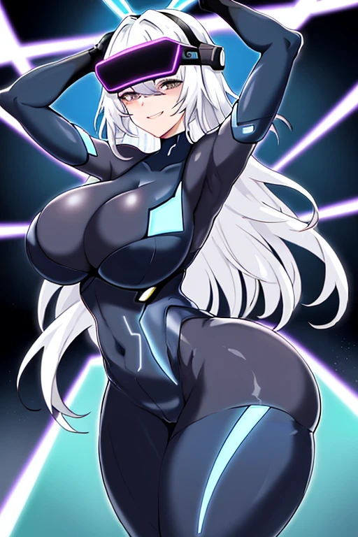 1girl, sway, hip sway, large breasts, swaying hips, thick thighs,wide hips, bouncing breasts, hands behind head, arms behind back, anime style, anime screencap, dancing, dance, mind control, hypnosis, futuristic, tech, science-fiction, vr visors, visors, covered eyes, head-mounted display, virtual reality visors, white hair, smile, visors on eyes, bodysuit, blue neon trim, from behind, huge ass
