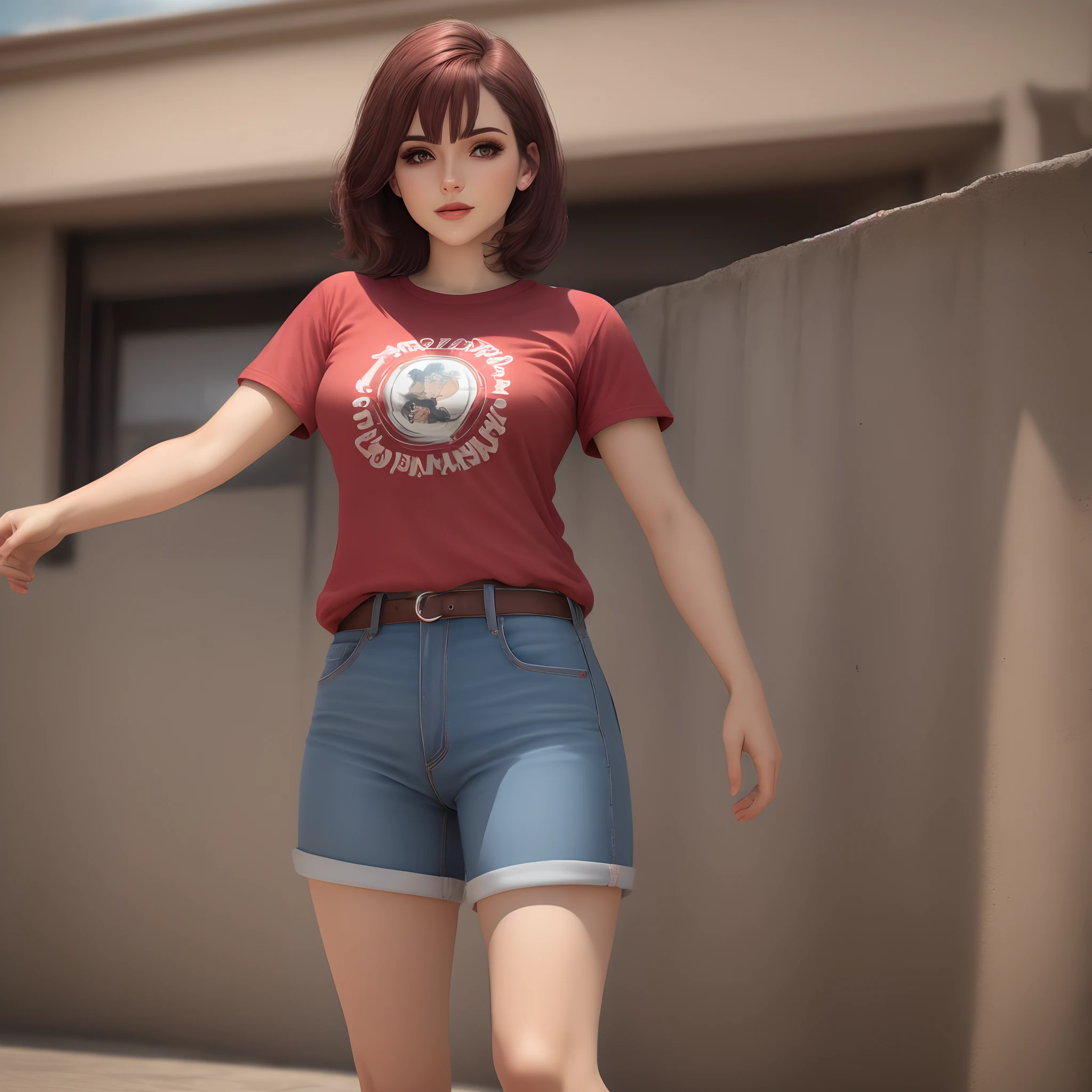 1 mujer,camisa roja,short corto azul,ojos celestes,pechos grandes,piernas grandes