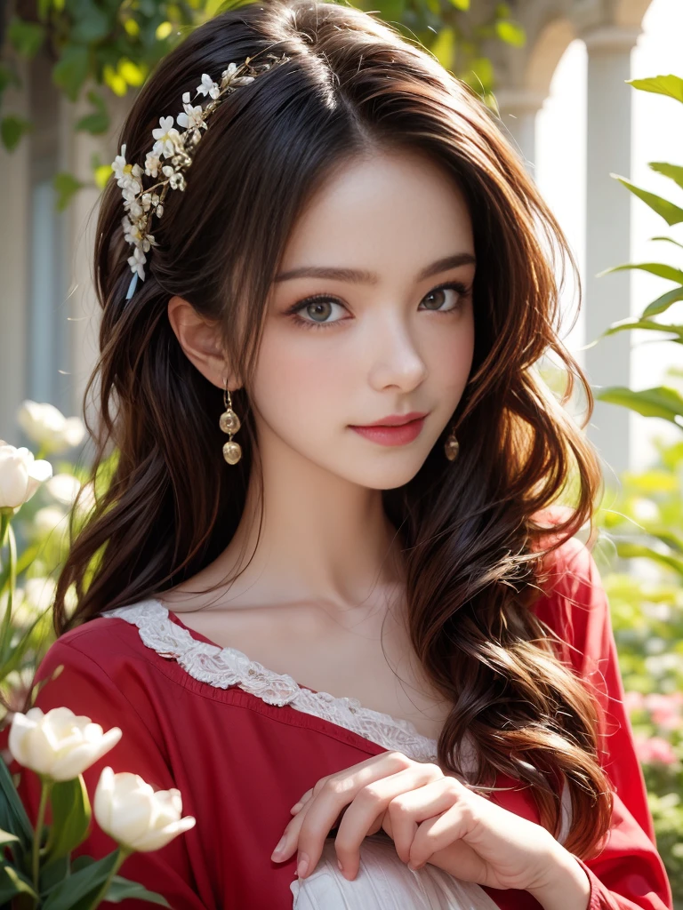 figure, Wearing a bright red dress，Complements her fair complexion, Stand elegantly in front of the blooming garden, bathed in the warm glow of the sun. The garden is full of colorful flowers, Including roses, tulips, and daisies, Create a picturesque backdrop. The girl is surrounded by a breeze, Let her hair sway gracefully. As she gazes into the distance，Her eyes reflected a sense of curiosity and innocence, Hinting at her charming smile, there is a story hidden behind it. Portraits are created with oil paints, Give it a rich and timeless feeling. The colors are vivid and vibrant, Focus on warm tones，Creates a feeling of warmth and well-being. The lighting is soft and natural, Cast a soft glow on the girl's face, The delicate details that enhance her facial features，Creates a sense of depth. The overall quality of the artwork is of the highest standard, Each brushstroke demonstrates the artist's skill and attention to detail. The level of realism is staggering, Make the portrait almost lifelike, Evoke a connection with the audience. This masterpiece captures the beauty and essence of the girl, provides a timeless and captivating manifestation of her existence.